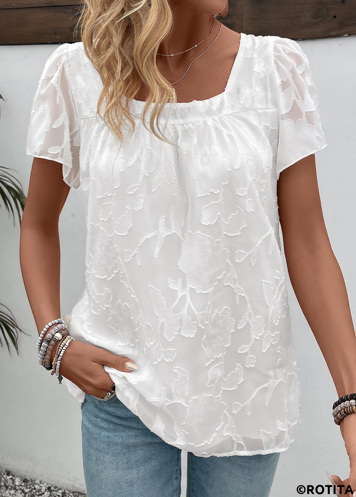 White tops,Plain Color tops,Chiffon White Square Neck Short Sleeve T Shirt