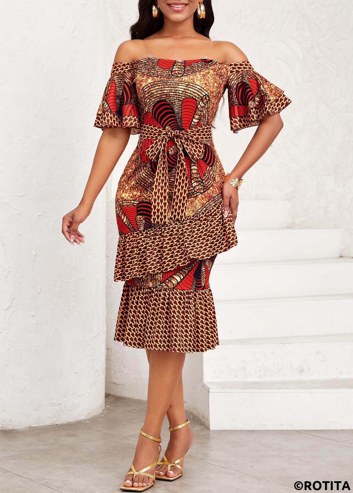 rotita - robe moulante à volants et imprimé géométrique gingembre avec ceinture et épaules dénudées