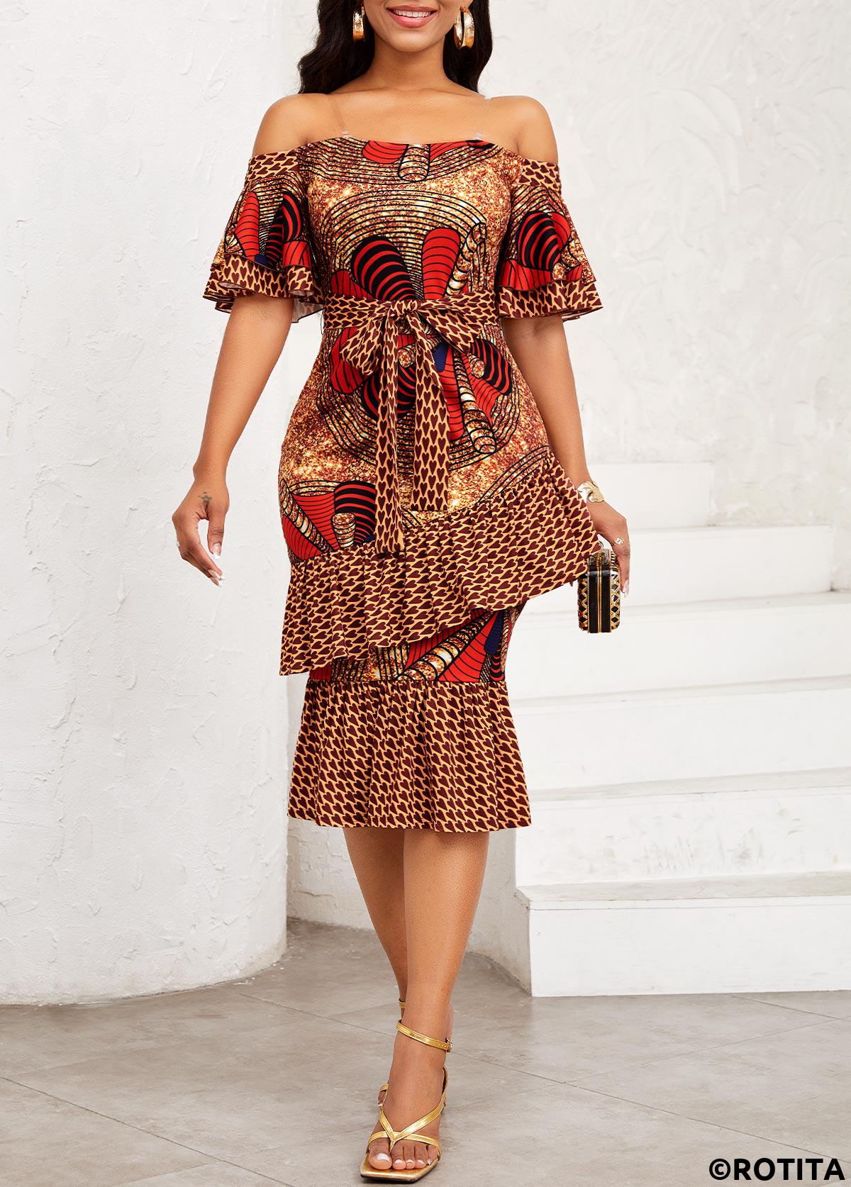 Ginger dresses,Geometric dresses,Party dresses,Elegant dresses,ROTITA Ruffle Geometric Print Ginger Belted Off Shoulder Bodycon Dress