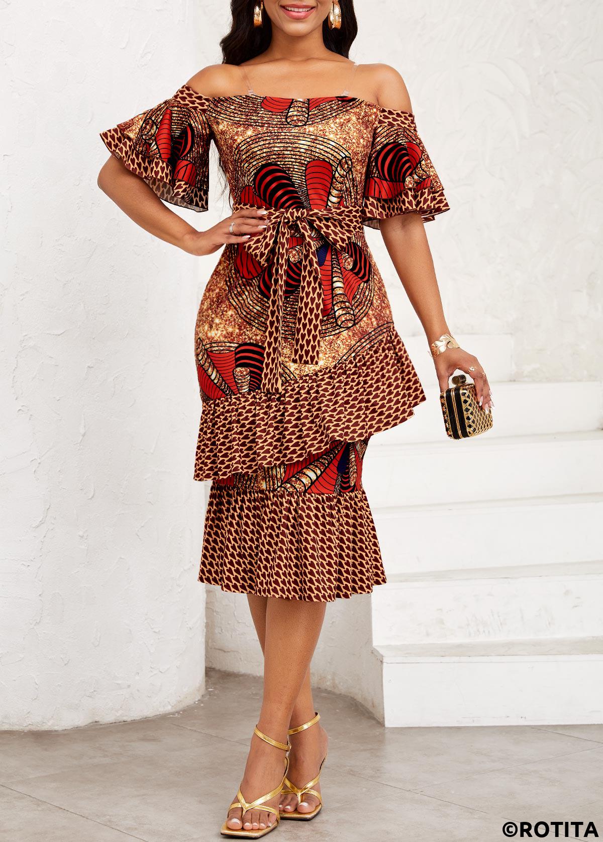 Ginger dresses,Geometric dresses,Party dresses,Elegant dresses,ROTITA Ruffle Geometric Print Ginger Belted Off Shoulder Bodycon Dress