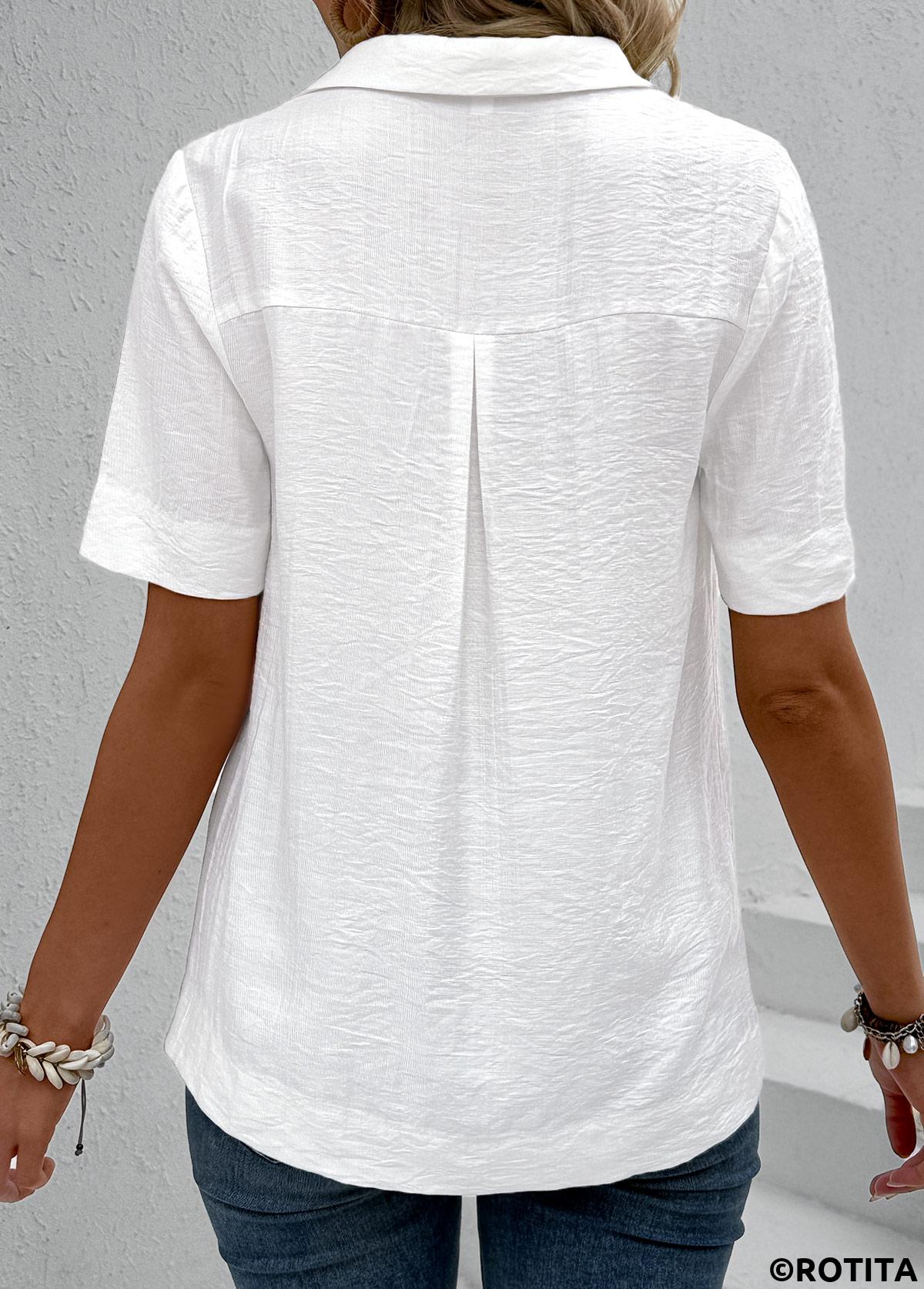White tops,Plain Color tops,ROTITA Lace White Shirt Collar Short Sleeve Blouse