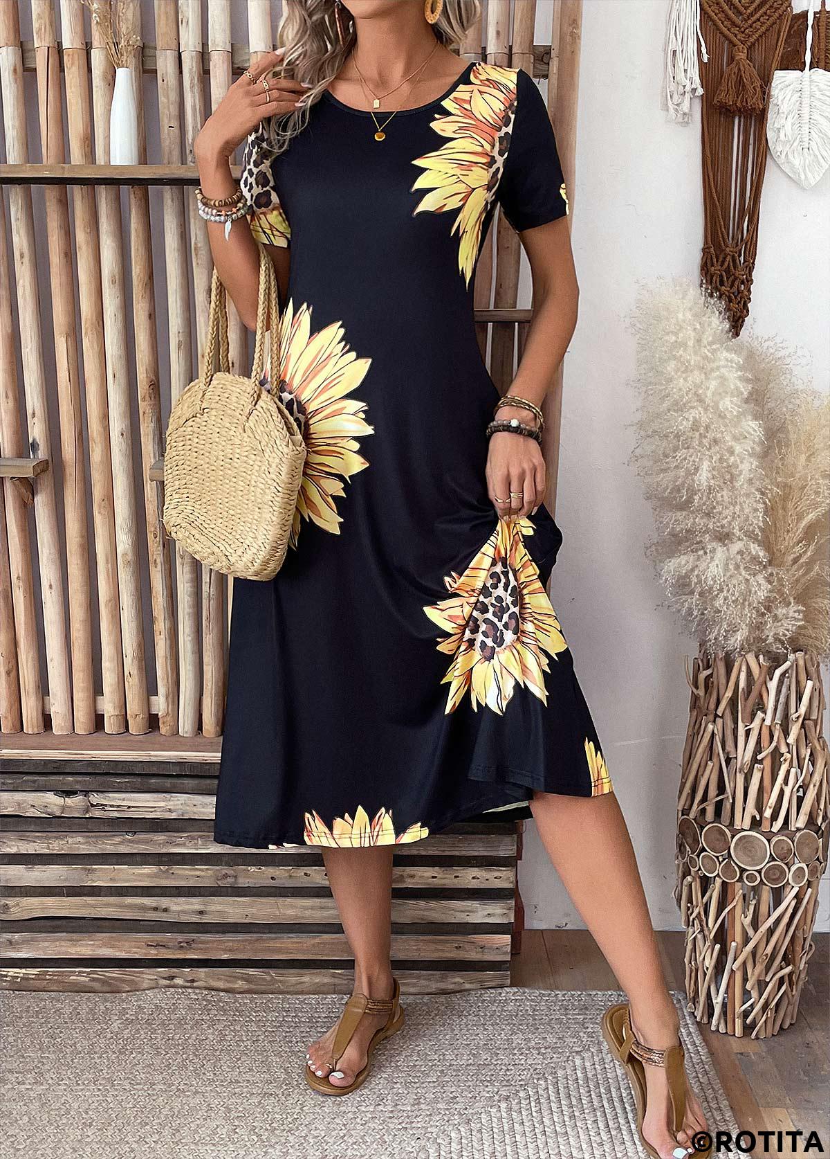 Black dresses,Plants dresses,Floral dresses,Leopard dresses,Vacation dresses,Vacation dresses,ROTITA Pocket Sunflower Print Black Round Neck Short Sleeve Dress