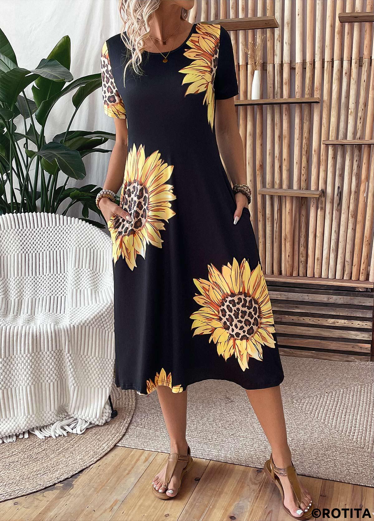Black dresses,Plants dresses,Floral dresses,Leopard dresses,Vacation dresses,Vacation dresses,ROTITA Pocket Sunflower Print Black Round Neck Short Sleeve Dress