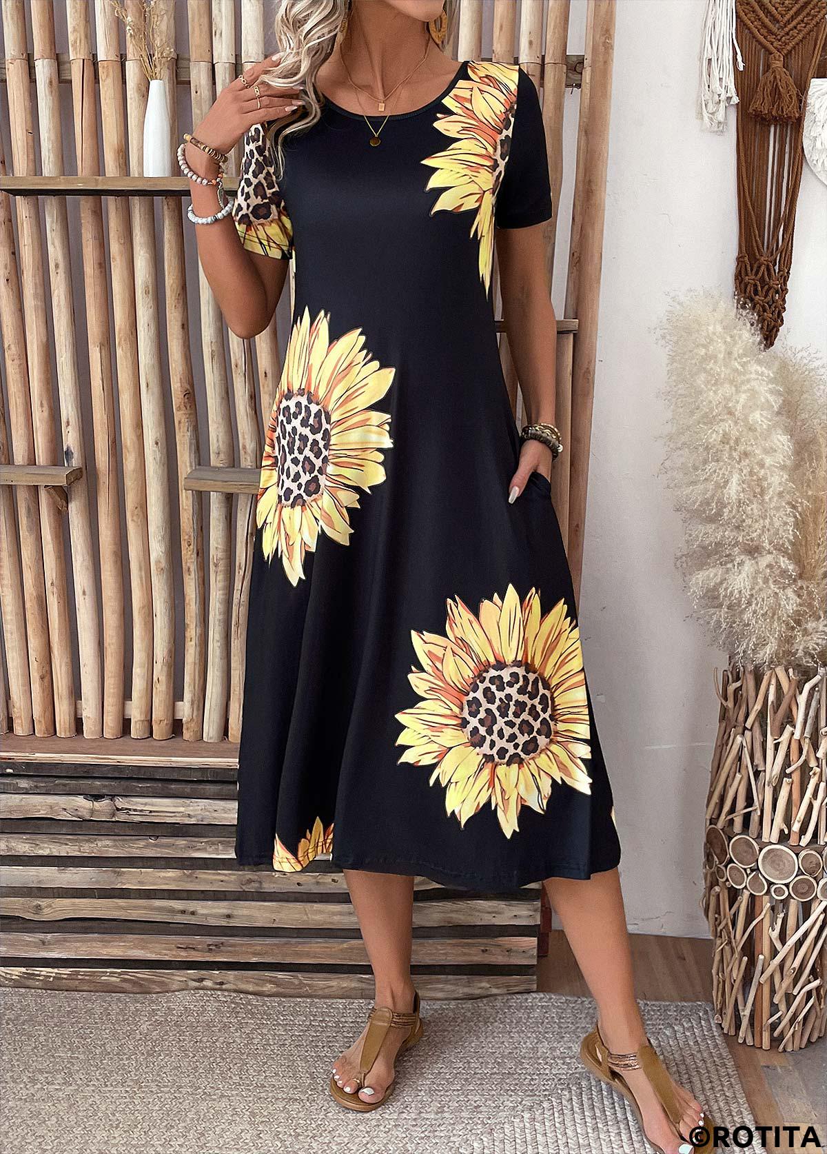 Black dresses,Plants dresses,Floral dresses,Leopard dresses,Vacation dresses,Vacation dresses,ROTITA Pocket Sunflower Print Black Round Neck Short Sleeve Dress