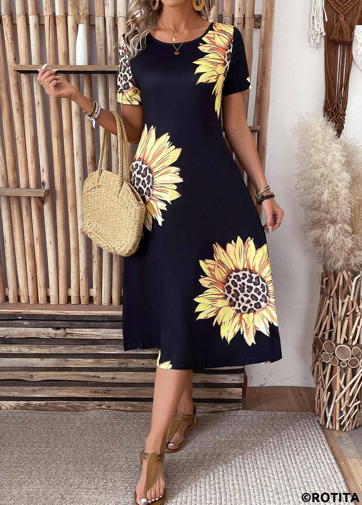 Black dresses,Plants dresses,Floral dresses,Leopard dresses,Vacation dresses,Vacation dresses,ROTITA Pocket Sunflower Print Black Round Neck Short Sleeve Dress