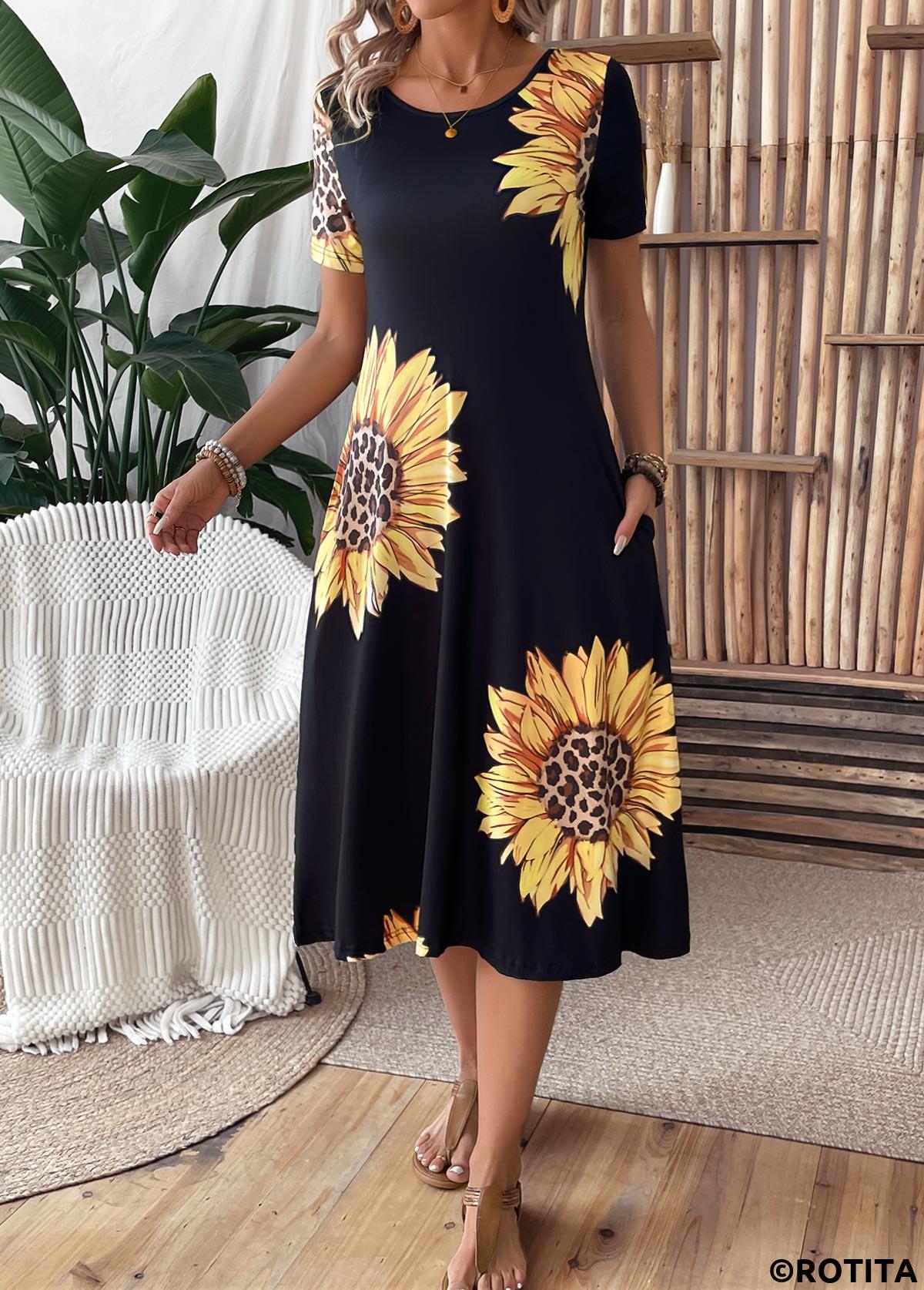 Black dresses,Plants dresses,Floral dresses,Leopard dresses,Vacation dresses,Vacation dresses,ROTITA Pocket Sunflower Print Black Round Neck Short Sleeve Dress