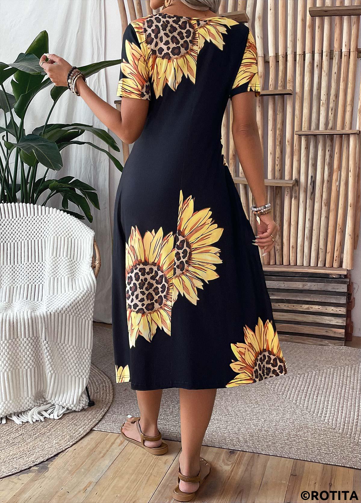 Black dresses,Plants dresses,Floral dresses,Leopard dresses,Vacation dresses,Vacation dresses,ROTITA Pocket Sunflower Print Black Round Neck Short Sleeve Dress