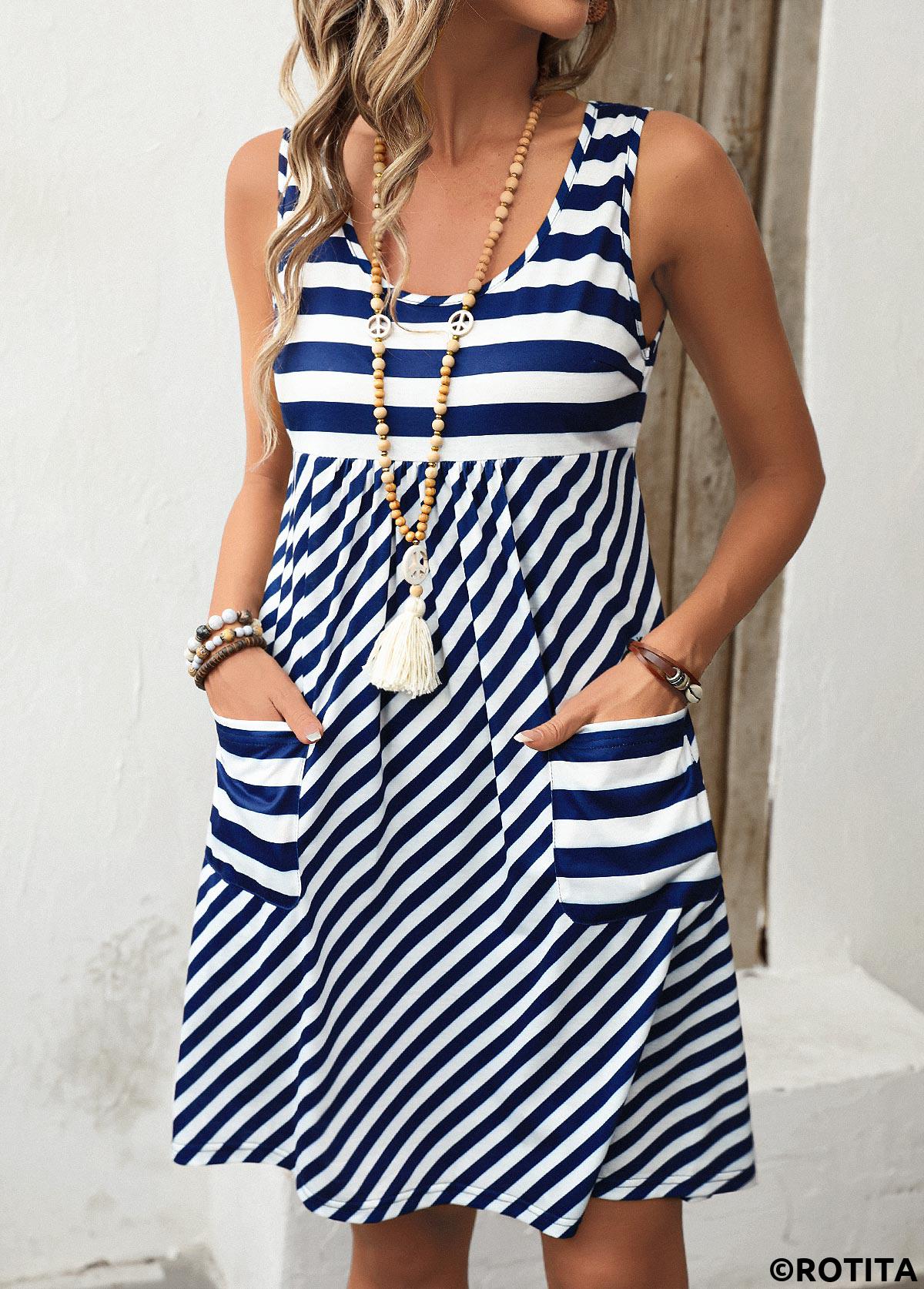 Navy dresses,Striped dresses,Geometric dresses,Everyday dresses,Casual dresses,Pocket Striped Navy A Line Scoop Neck Sleeveless Dress