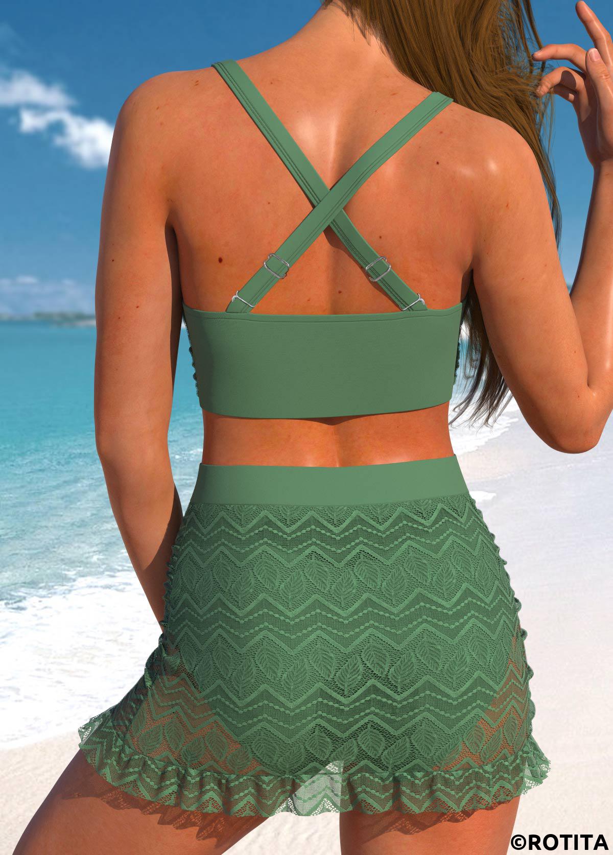 Sage Green swimwear,Plain Color swimwear,ROTITA Lace V Neck Sage Green Bikini Set