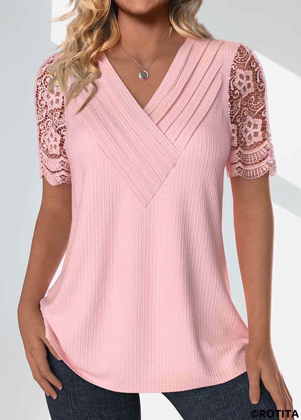 Light Pink tops,Plain Color tops,ROTITA Tuck Stitch Light Pink V Neck T Shirt