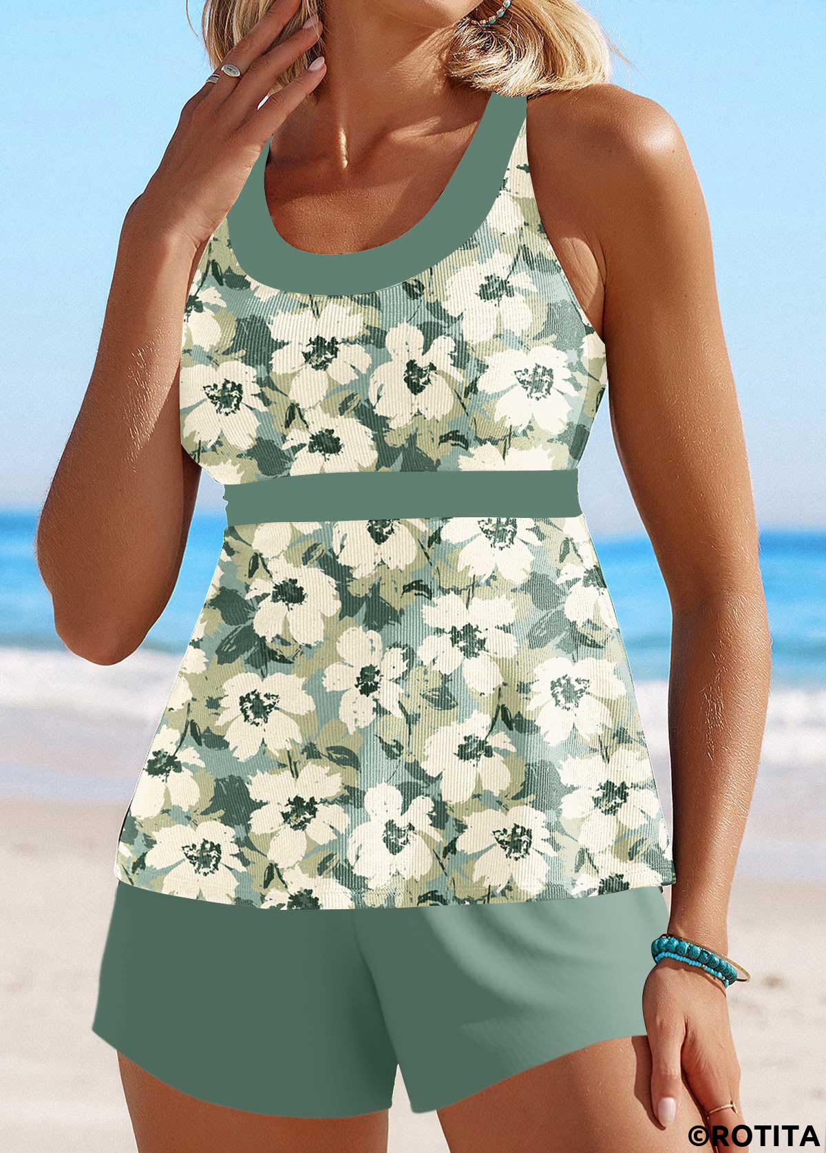 Sage Green swimwear,Floral swimwear,Plants swimwear,ROTITA Circular Ring Sage Green Floral Print Tankini Set