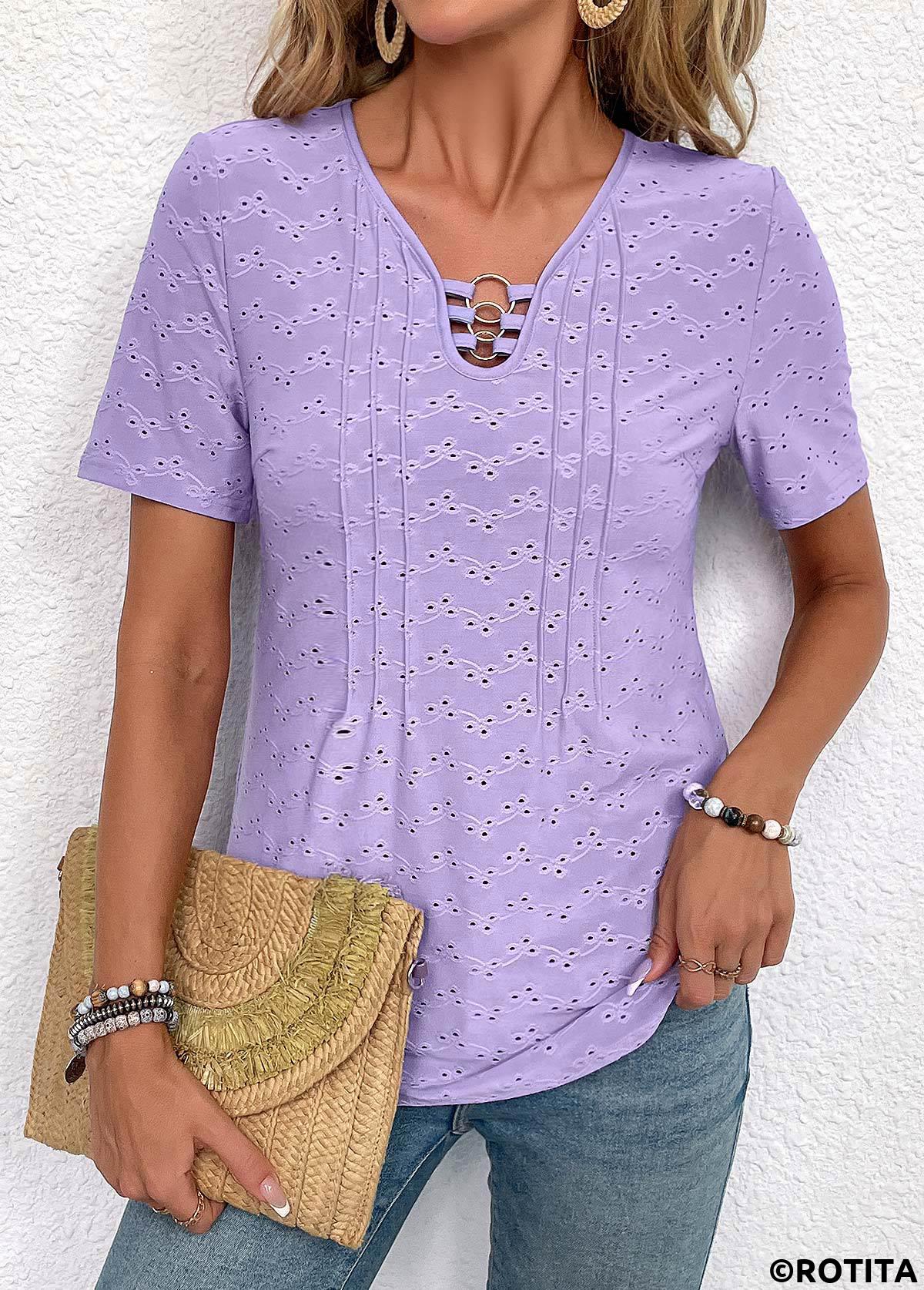 Light Purple tops,Plain Color tops,ROTITA Circular Ring Light Purple V Neck Short Sleeve Blouse