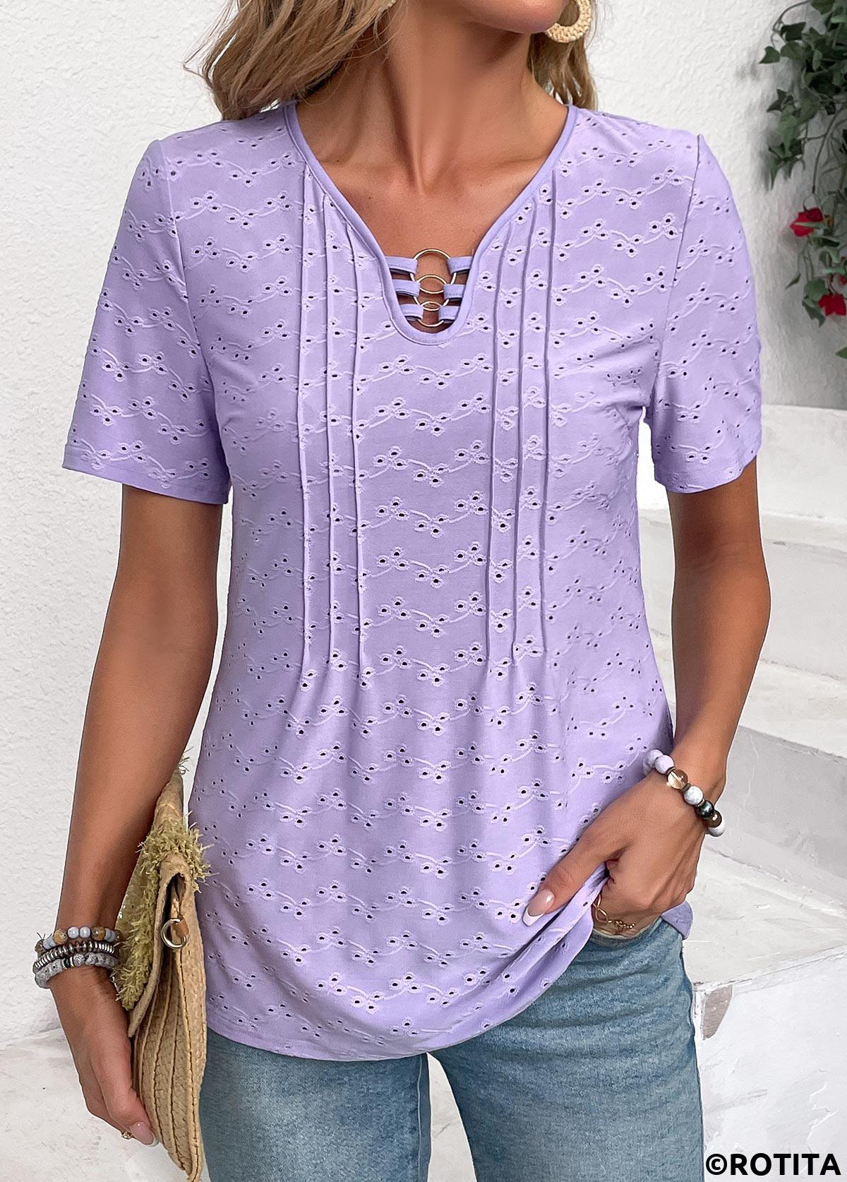 Light Purple tops,Plain Color tops,ROTITA Circular Ring Light Purple V Neck Short Sleeve Blouse