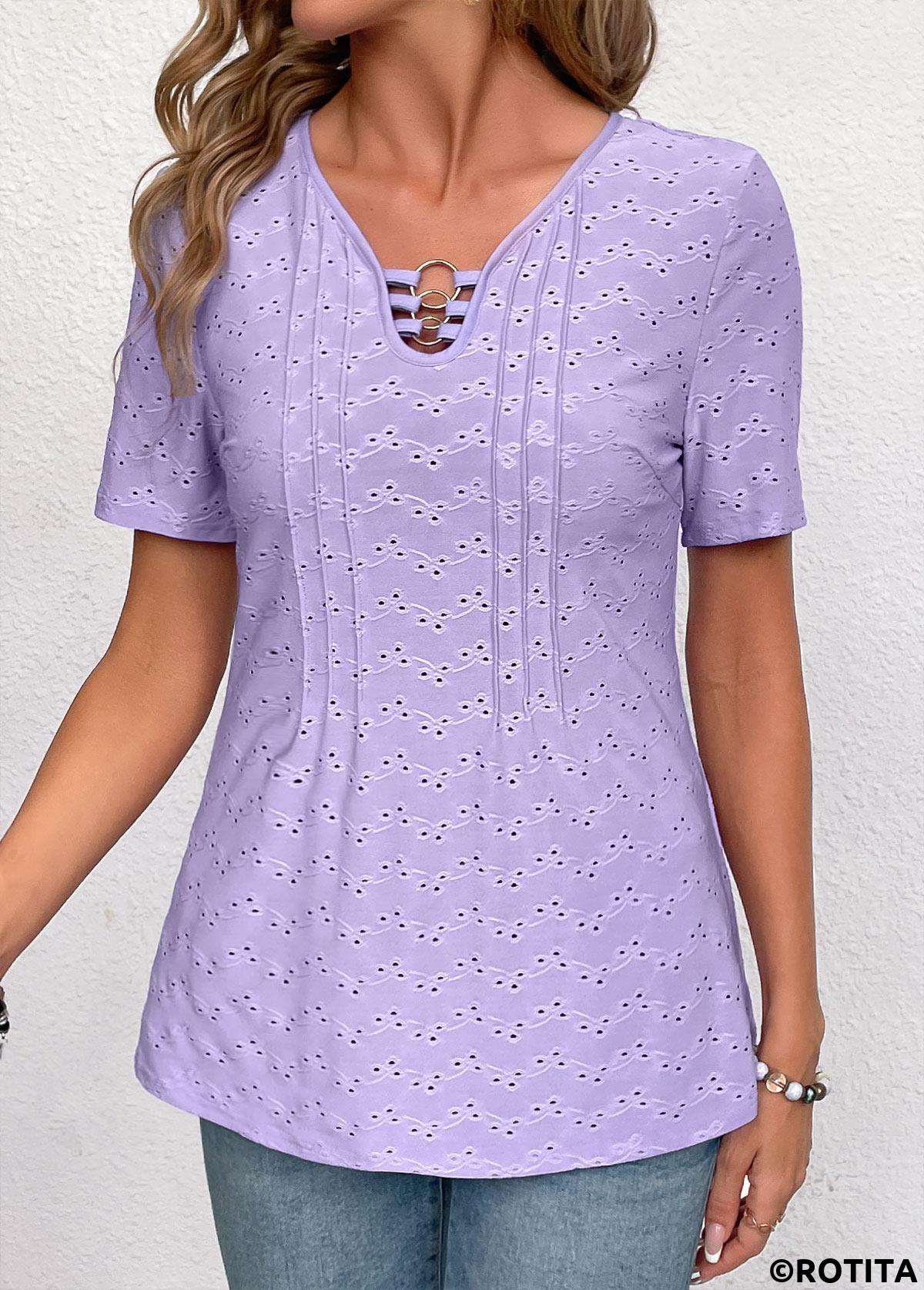 Light Purple tops,Plain Color tops,ROTITA Circular Ring Light Purple V Neck Short Sleeve Blouse