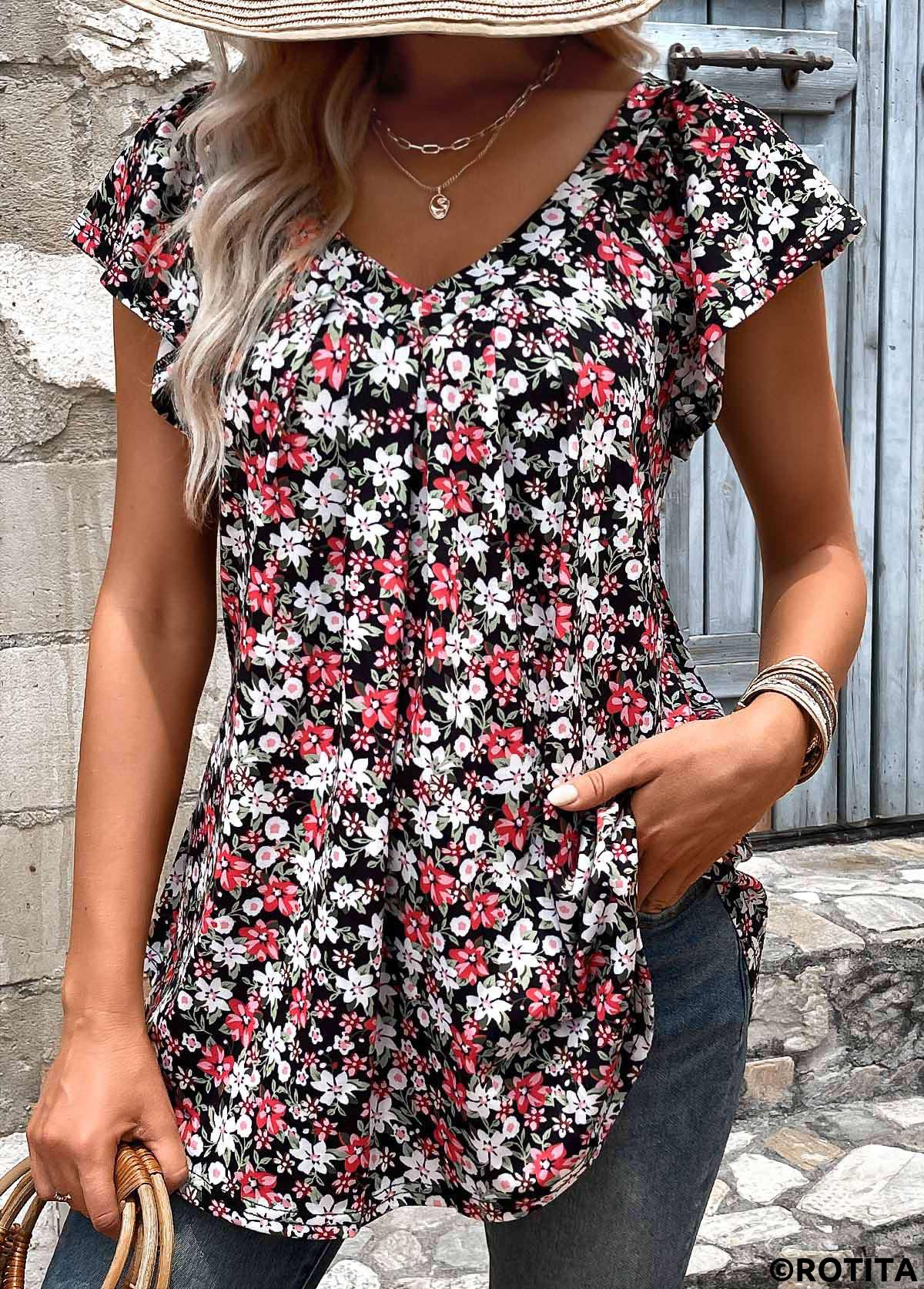 Black tops,Red tops,Floral tops,Plants tops,Ruched Floral Print Black V Neck T Shirt