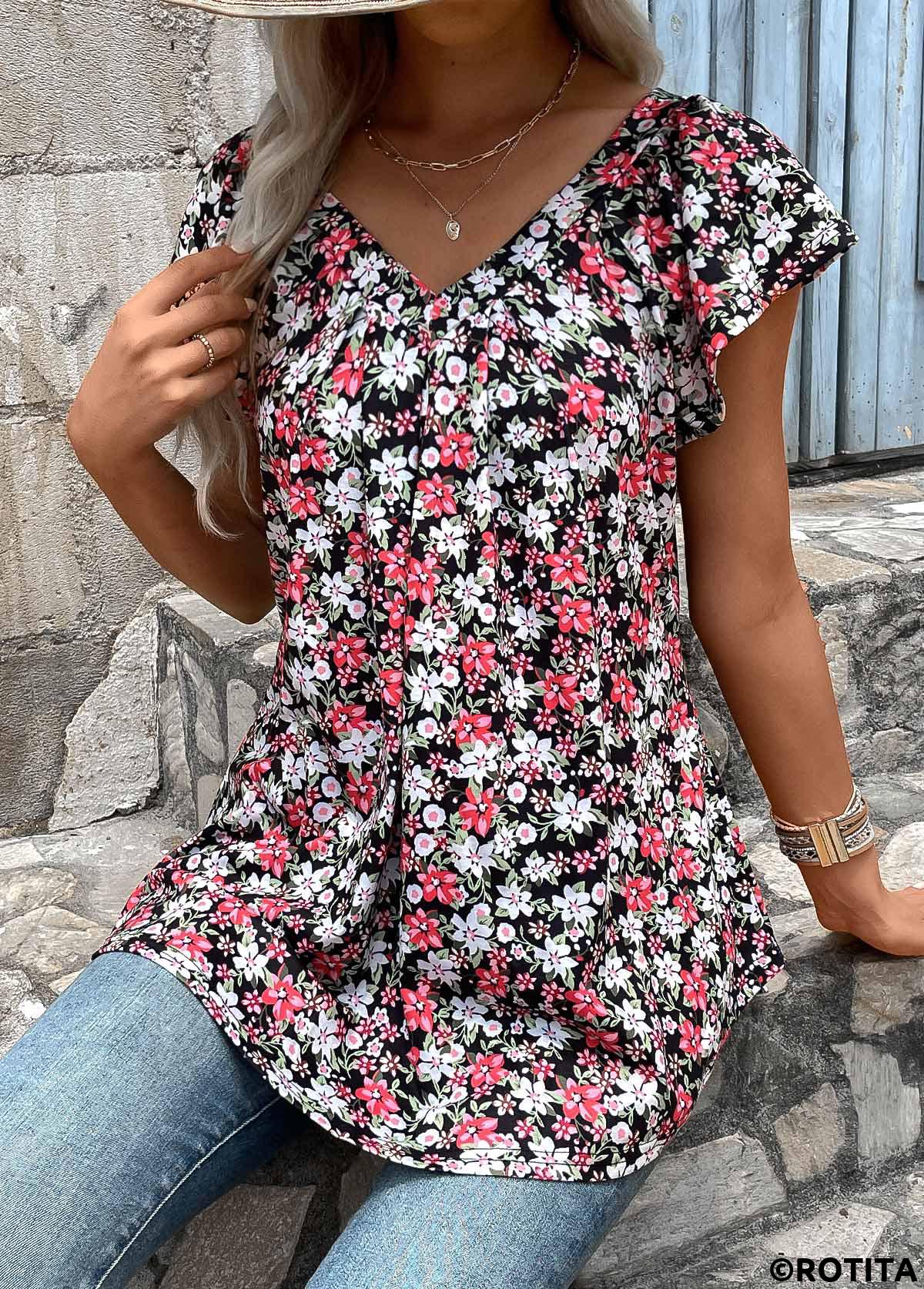 Black tops,Red tops,Floral tops,Plants tops,Ruched Floral Print Black V Neck T Shirt