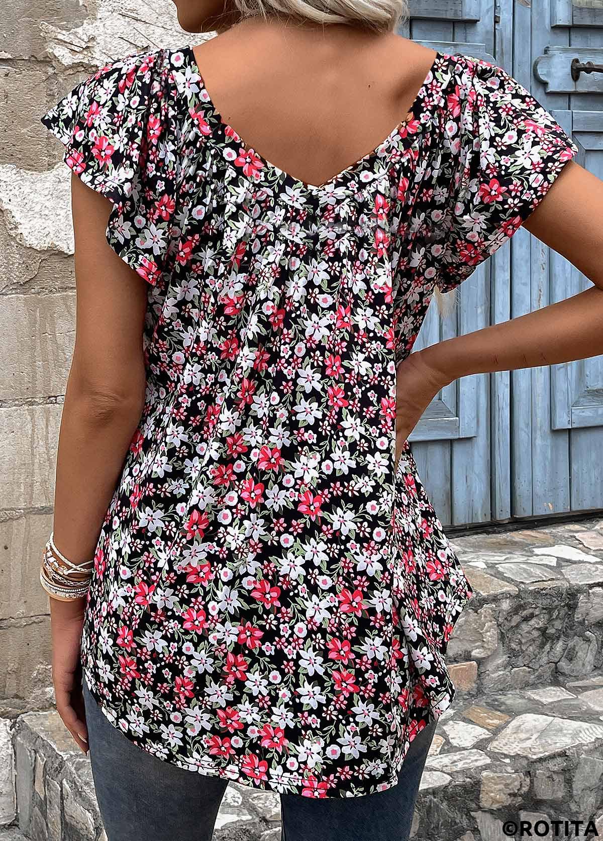 Black tops,Red tops,Floral tops,Plants tops,Ruched Floral Print Black V Neck T Shirt