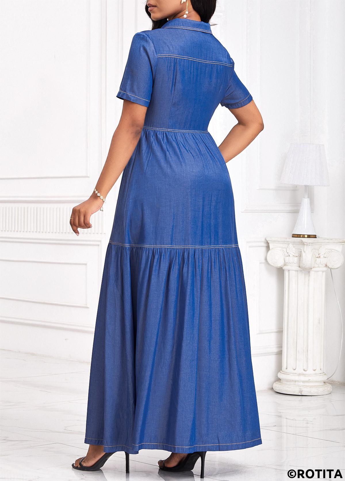 Denim Blue dresses,Plain Color dresses,Everyday dresses,Casual dresses,ROTITA Button Denim Blue Maxi Shirt Collar Short Sleeve Dress