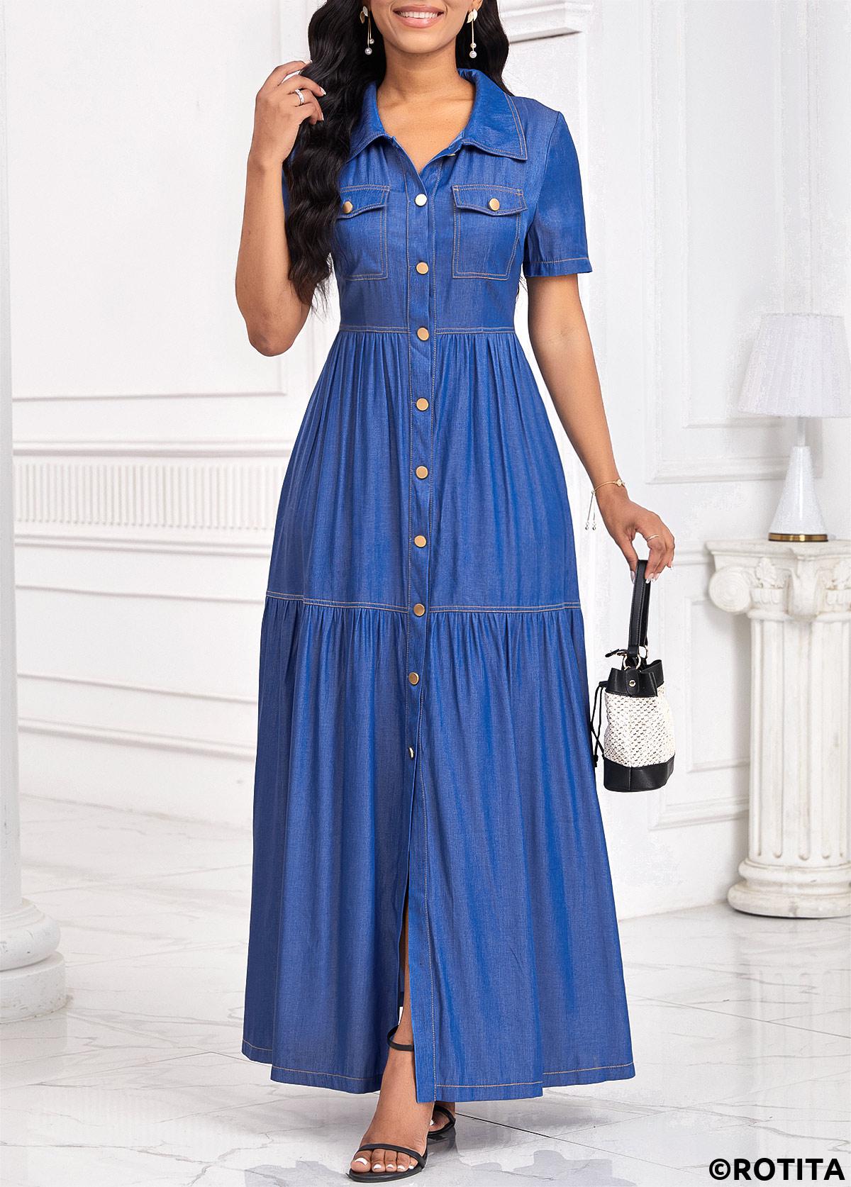 Denim Blue dresses,Plain Color dresses,Everyday dresses,Casual dresses,ROTITA Button Denim Blue Maxi Shirt Collar Short Sleeve Dress