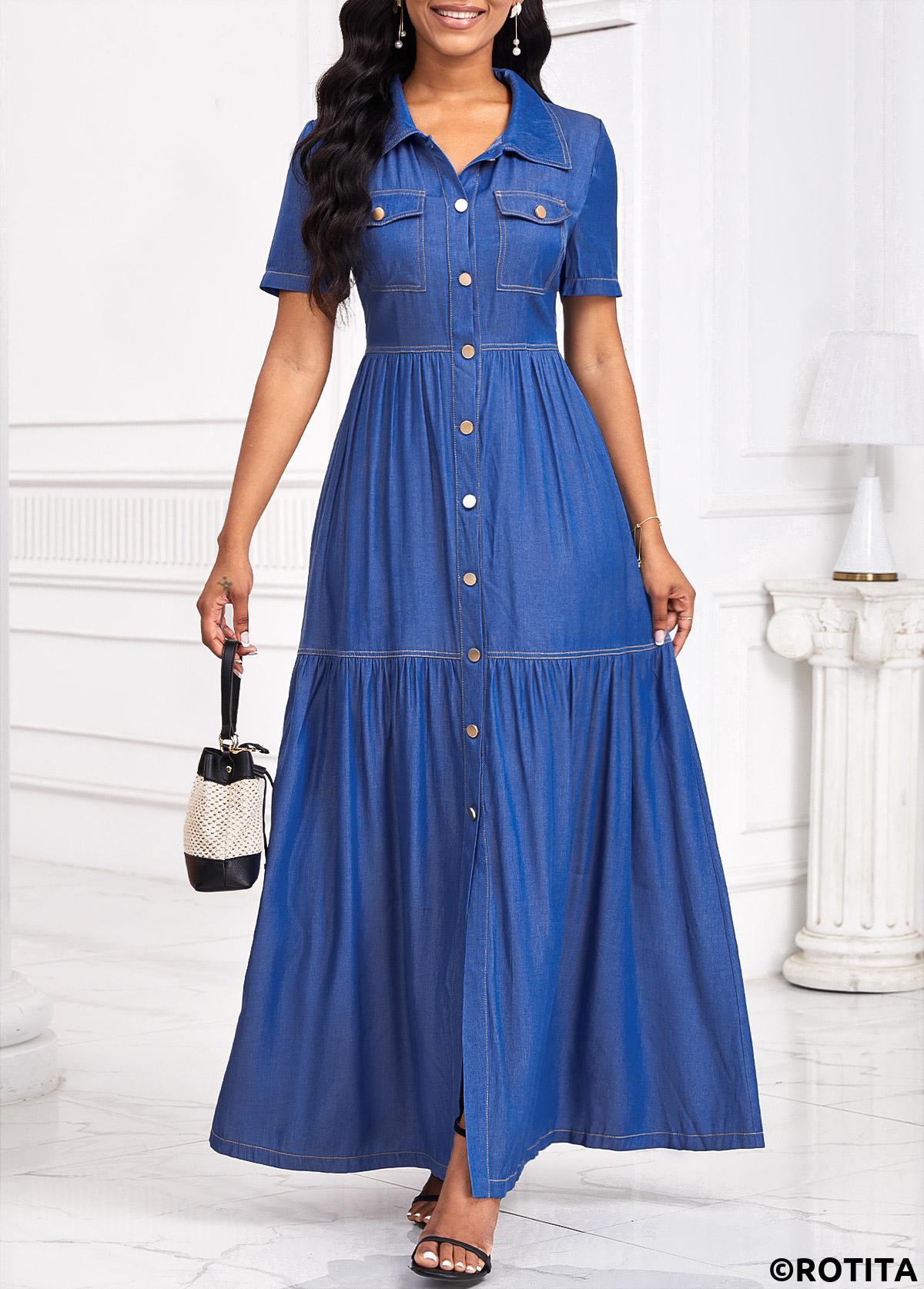 Denim Blue dresses,Plain Color dresses,Everyday dresses,Casual dresses,ROTITA Button Denim Blue Maxi Shirt Collar Short Sleeve Dress