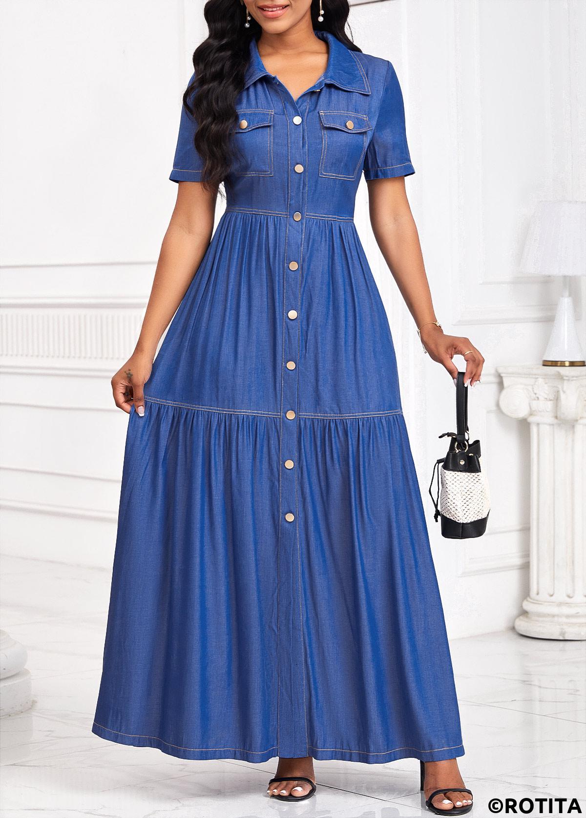 Denim Blue dresses,Plain Color dresses,Everyday dresses,Casual dresses,ROTITA Button Denim Blue Maxi Shirt Collar Short Sleeve Dress