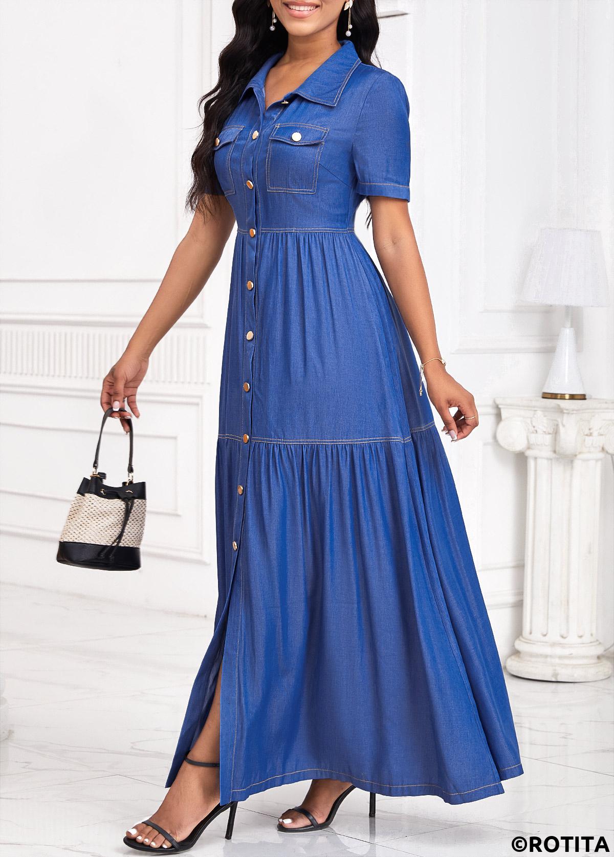 Denim Blue dresses,Plain Color dresses,Everyday dresses,Casual dresses,ROTITA Button Denim Blue Maxi Shirt Collar Short Sleeve Dress