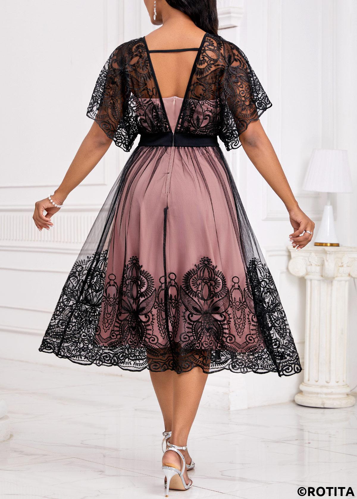 Black dresses,Dusty Pink dresses,Contrast Color dresses,Party dresses,Elegant dresses,ROTITA Patchwork Black Heart Collar Short Sleeve Dress