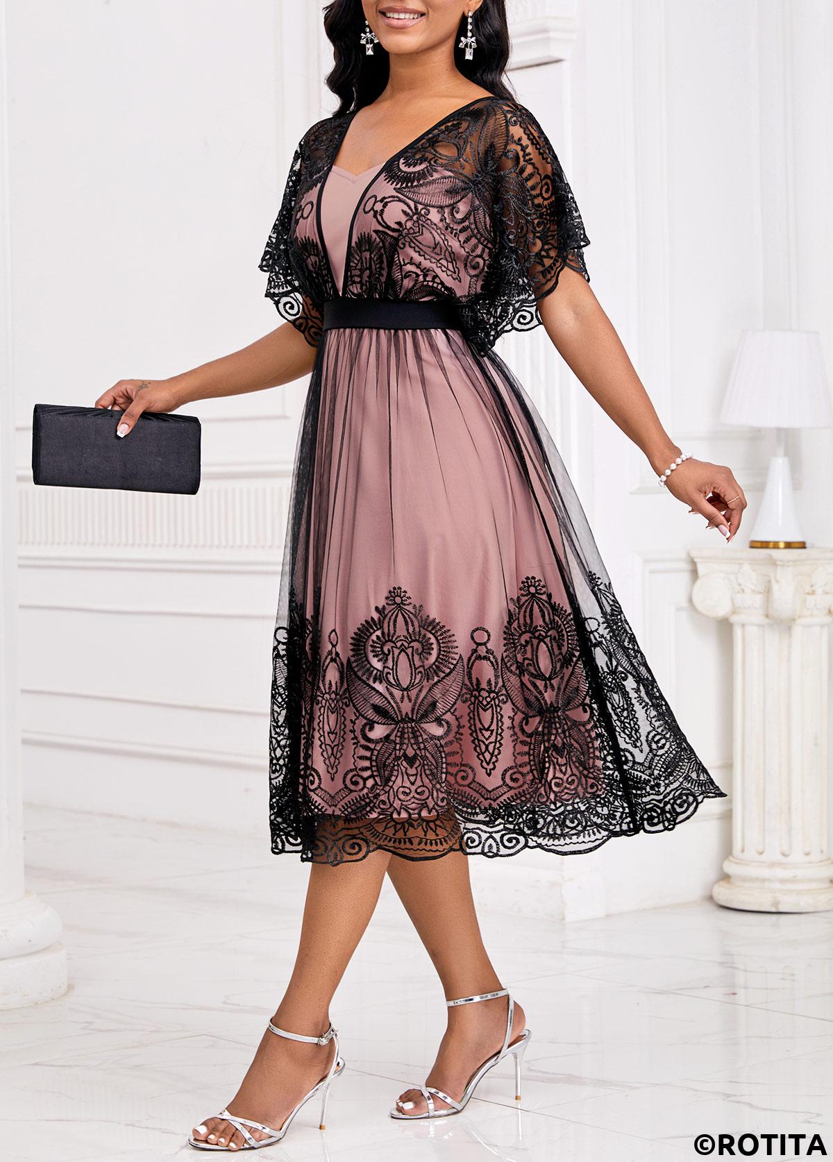 Black dresses,Dusty Pink dresses,Contrast Color dresses,Party dresses,Elegant dresses,ROTITA Patchwork Black Heart Collar Short Sleeve Dress