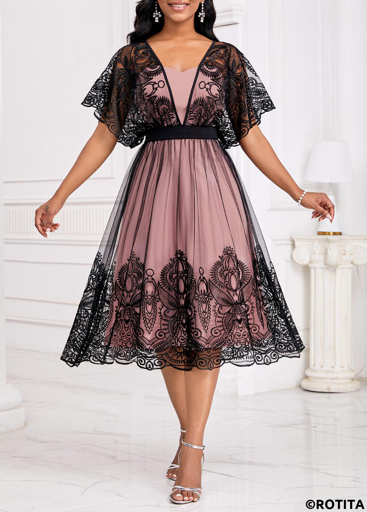 Black dresses,Dusty Pink dresses,Contrast Color dresses,Party dresses,Elegant dresses,ROTITA Patchwork Black Heart Collar Short Sleeve Dress