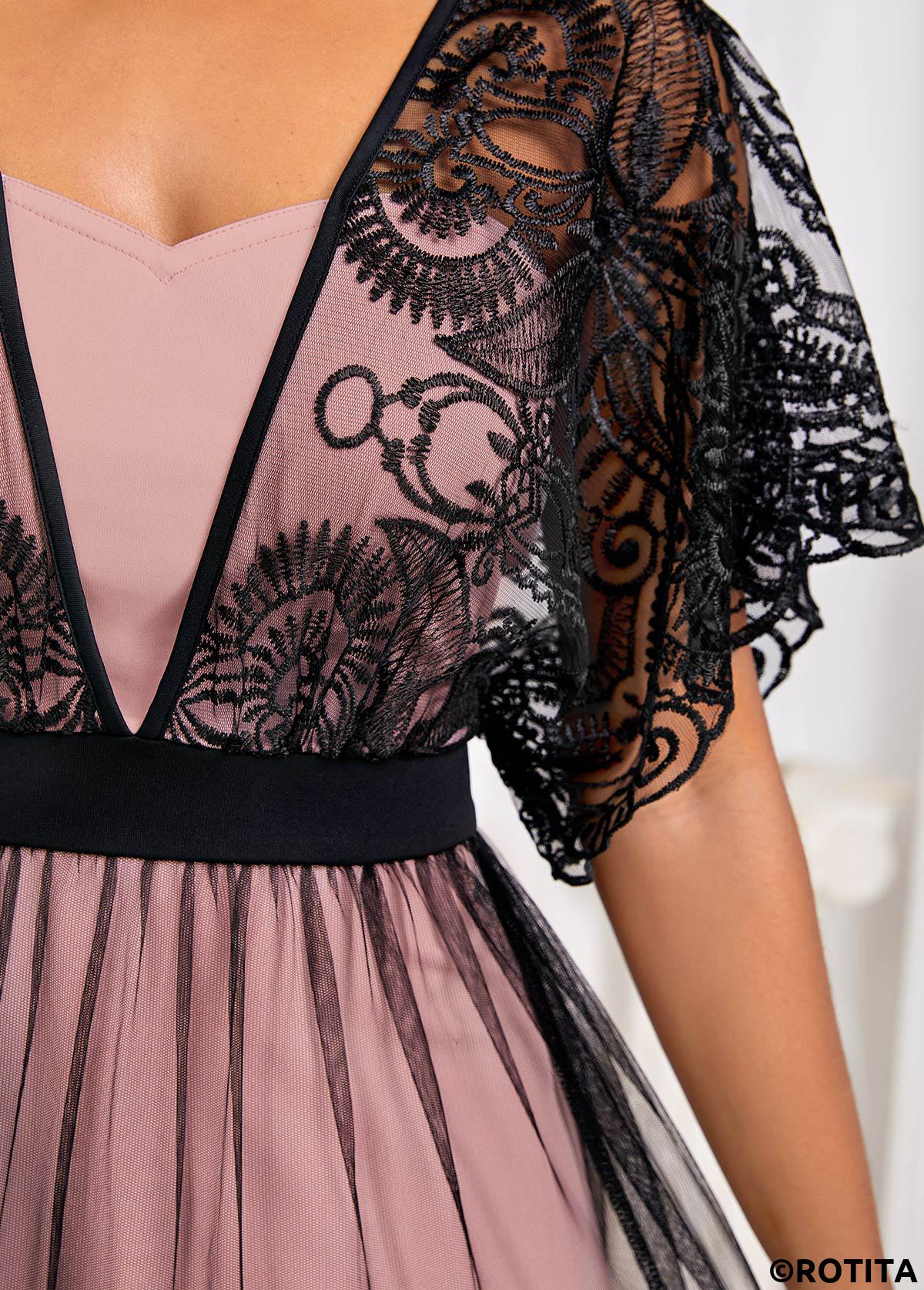 Black dresses,Dusty Pink dresses,Contrast Color dresses,Party dresses,Elegant dresses,ROTITA Patchwork Black Heart Collar Short Sleeve Dress