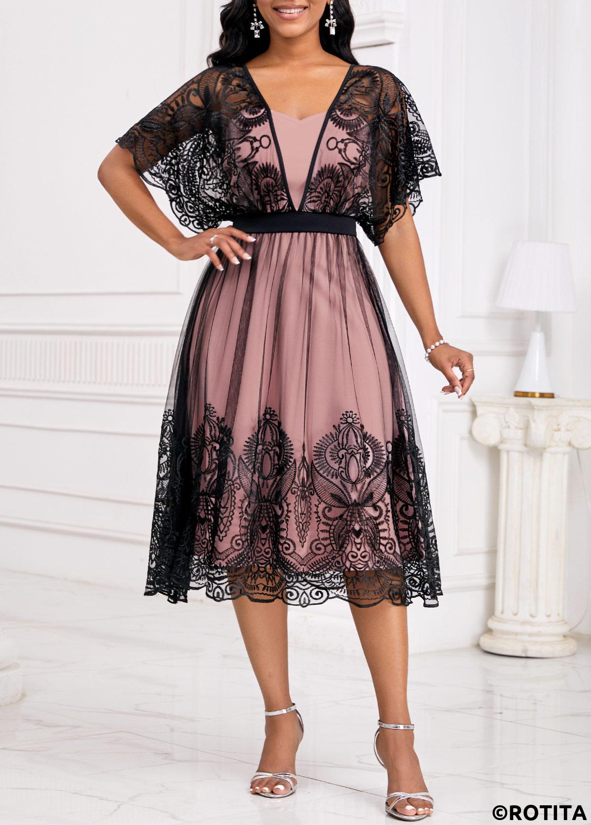 Black dresses,Dusty Pink dresses,Contrast Color dresses,Party dresses,Elegant dresses,ROTITA Patchwork Black Heart Collar Short Sleeve Dress