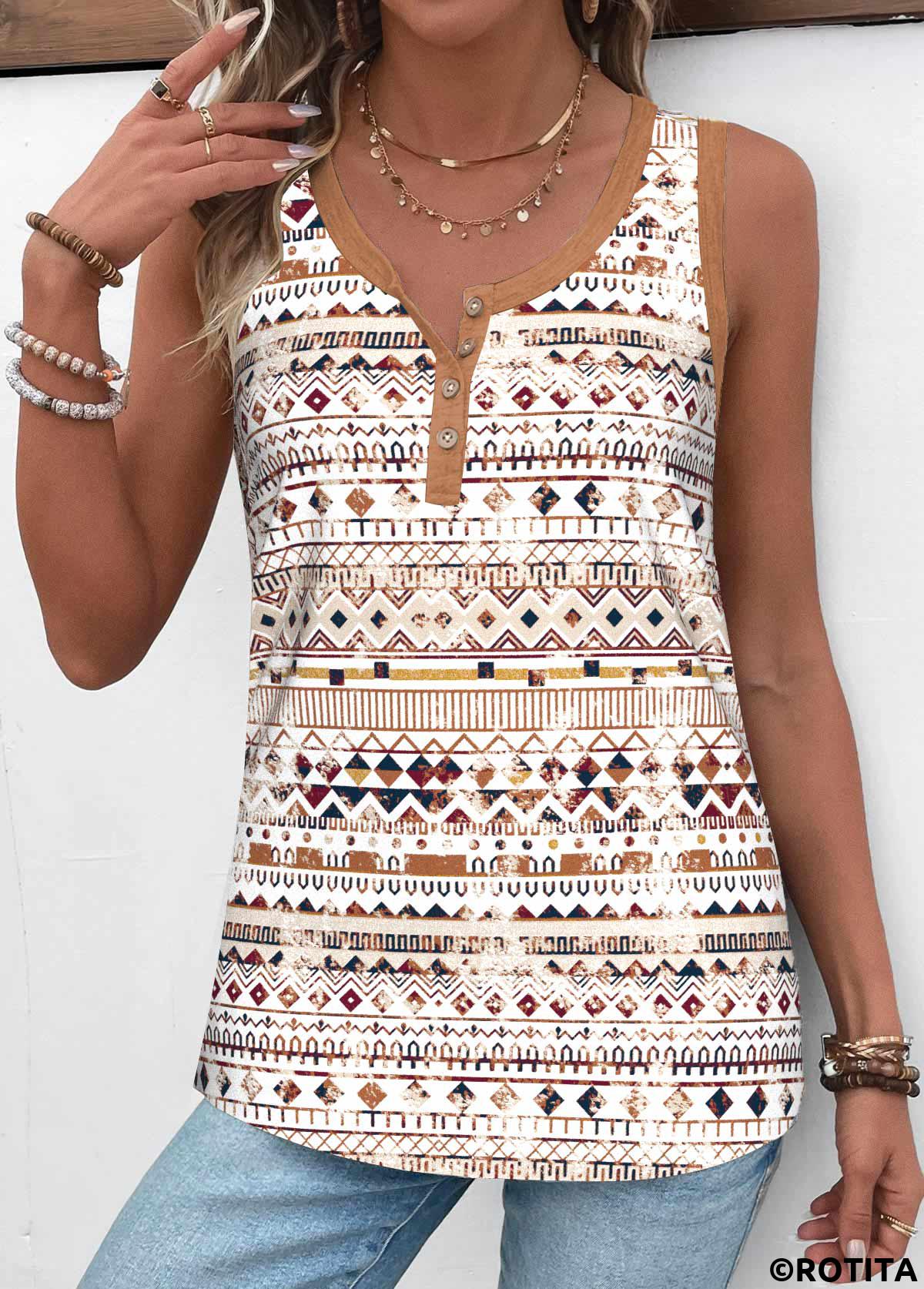 Multi Color tops,Tribal tops,ROTITA Button Tribal Print Multi Color Round Neck Tank Top
