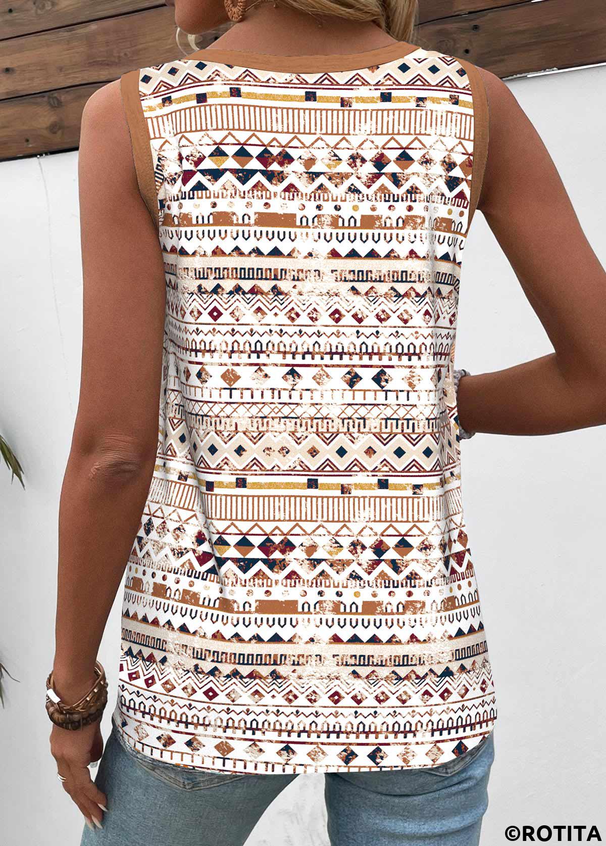 Multi Color tops,Tribal tops,ROTITA Button Tribal Print Multi Color Round Neck Tank Top