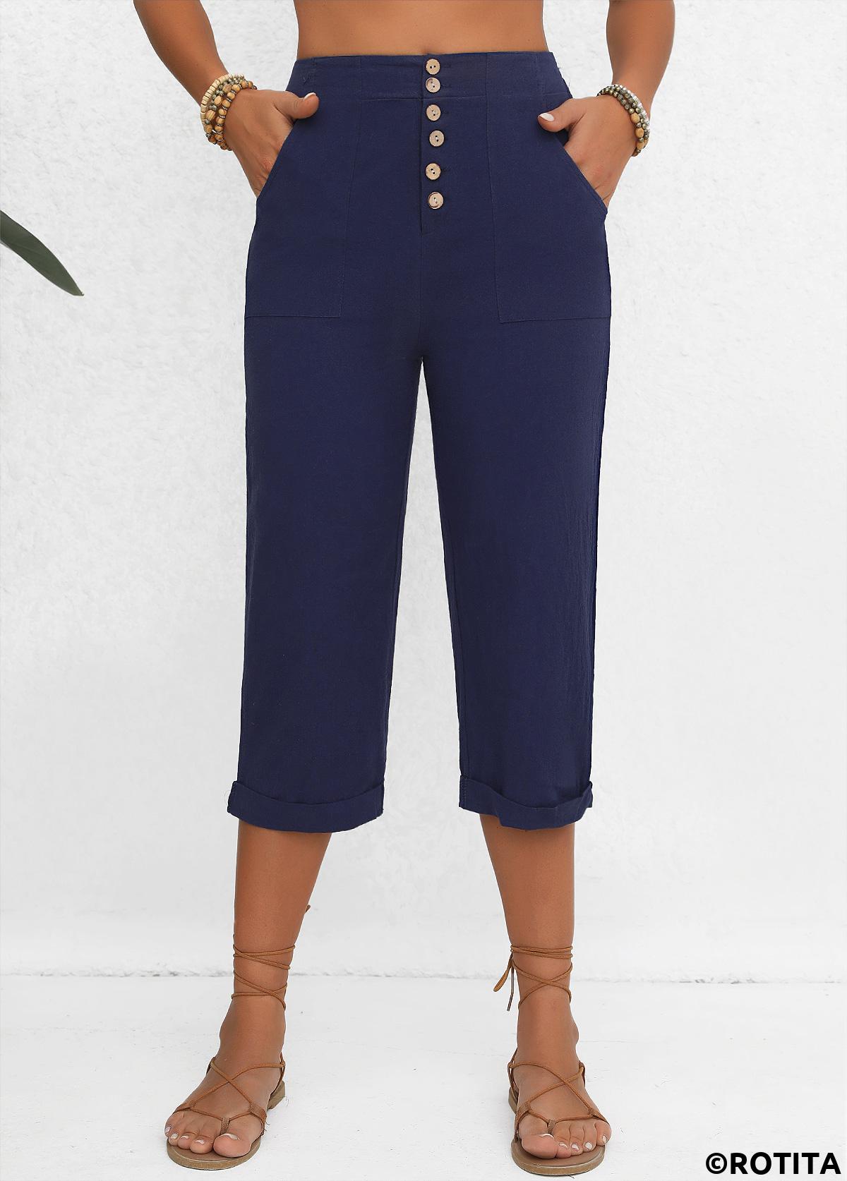 Navy bottoms,Plain Color bottoms,Button Navy Elastic Waist High Waisted Pants