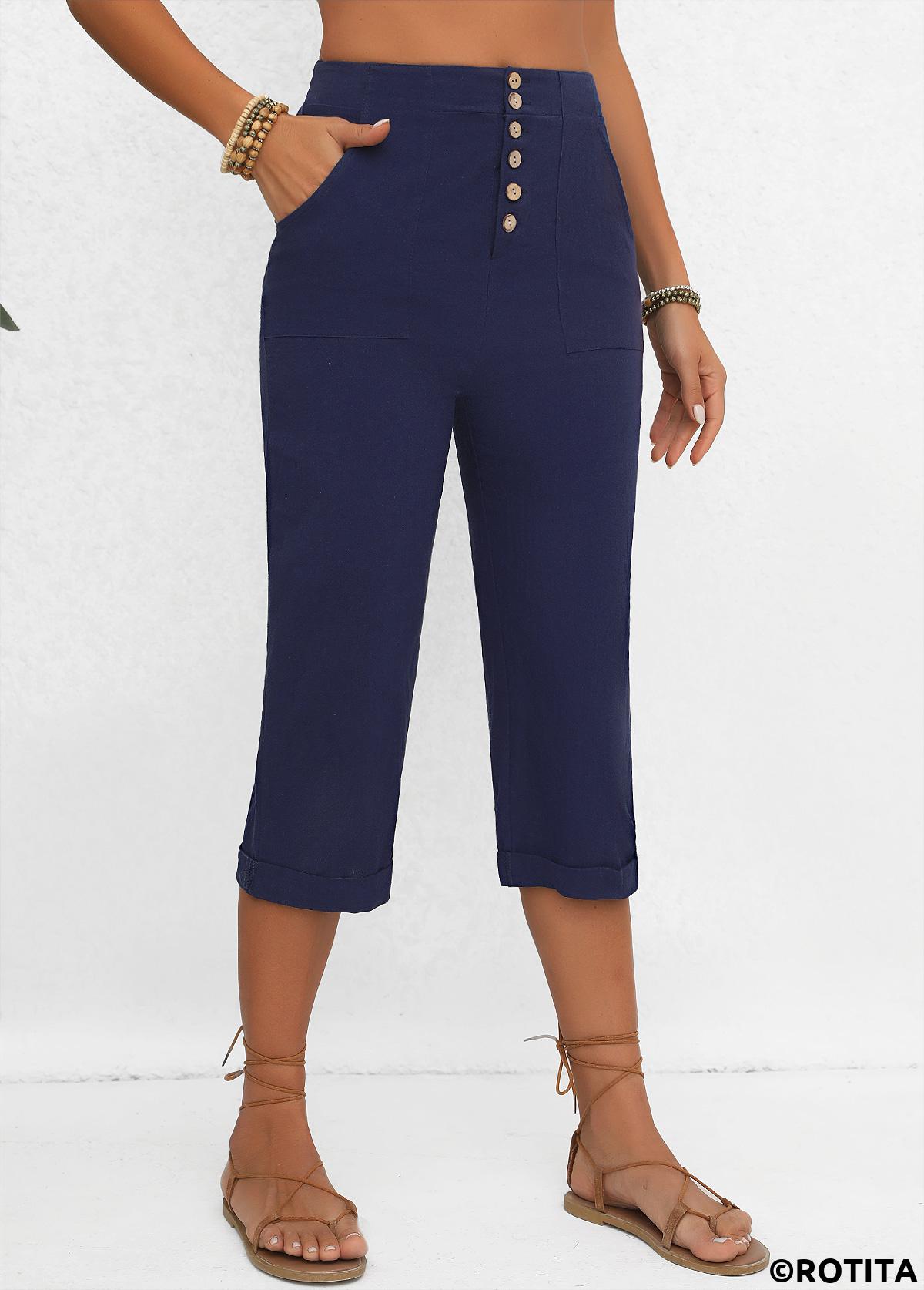 Navy bottoms,Plain Color bottoms,Button Navy Elastic Waist High Waisted Pants