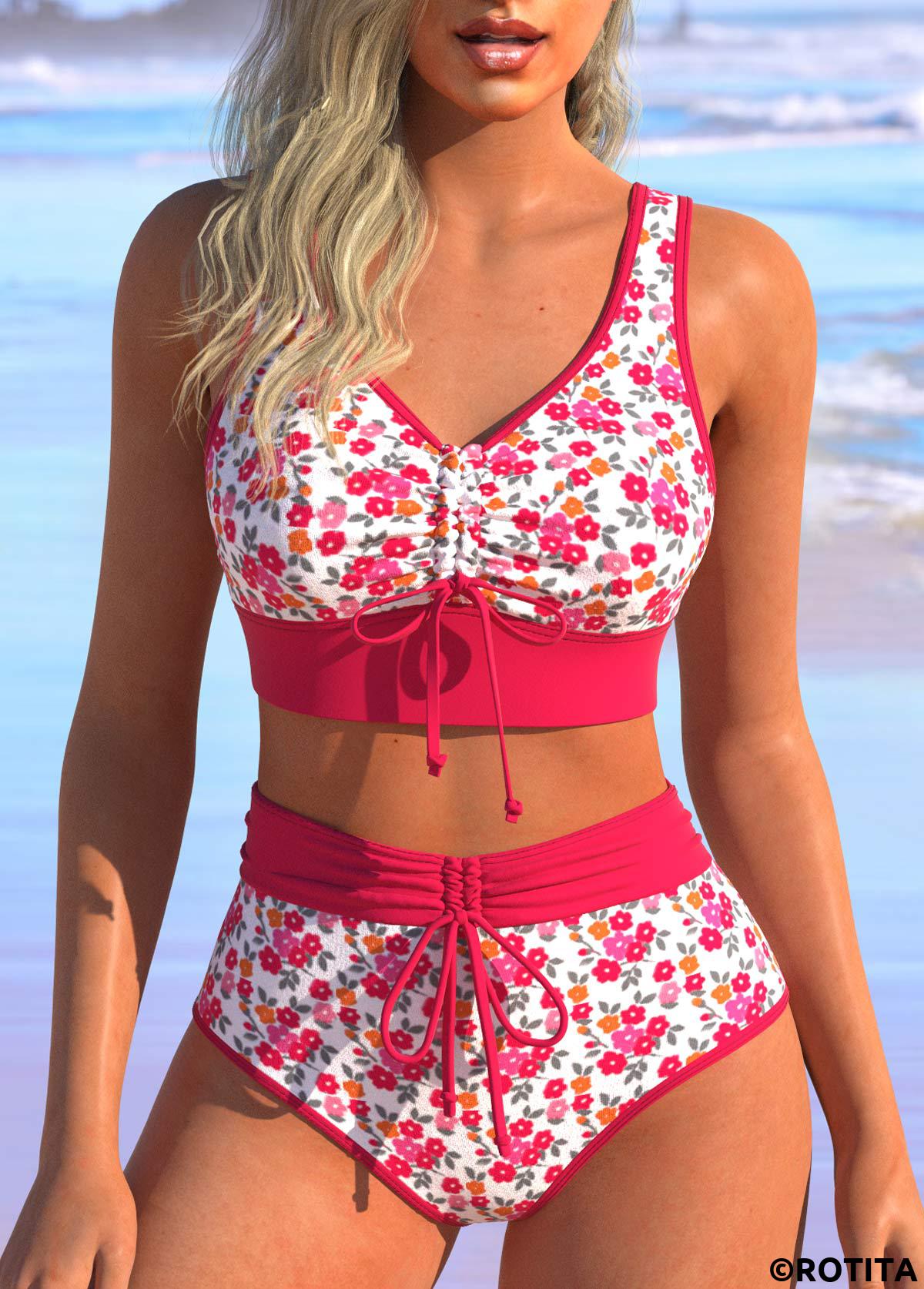 Hot Pink swimwear,Ditsy Floral swimwear,ROTITA Ruched Hot Pink Ditsy Floral Print Bikini Set