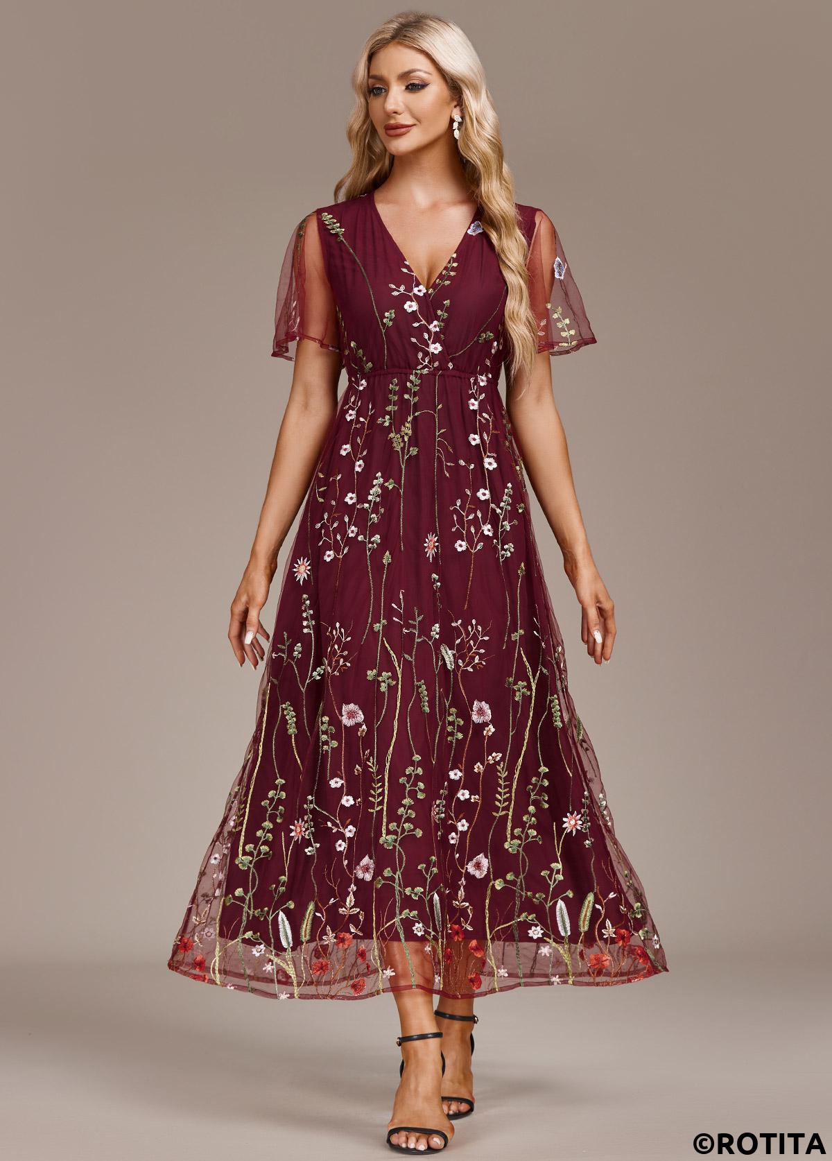 Wine Red dresses,Floral dresses,Party dresses,Elegant dresses,ROTITA Embroidery Wine Red V Neck Short Sleeve Dress