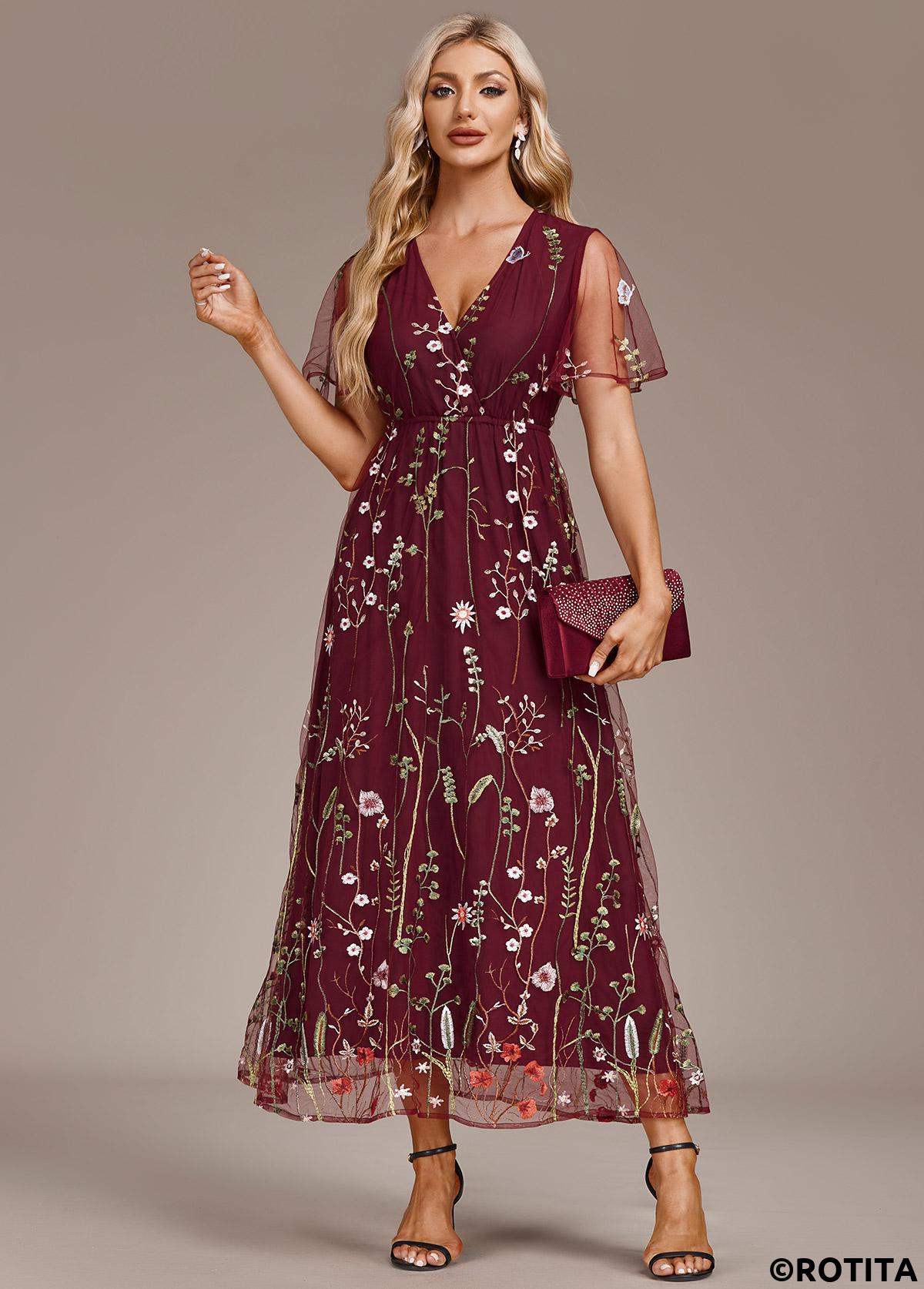Wine Red dresses,Floral dresses,Party dresses,Elegant dresses,ROTITA Embroidery Wine Red V Neck Short Sleeve Dress