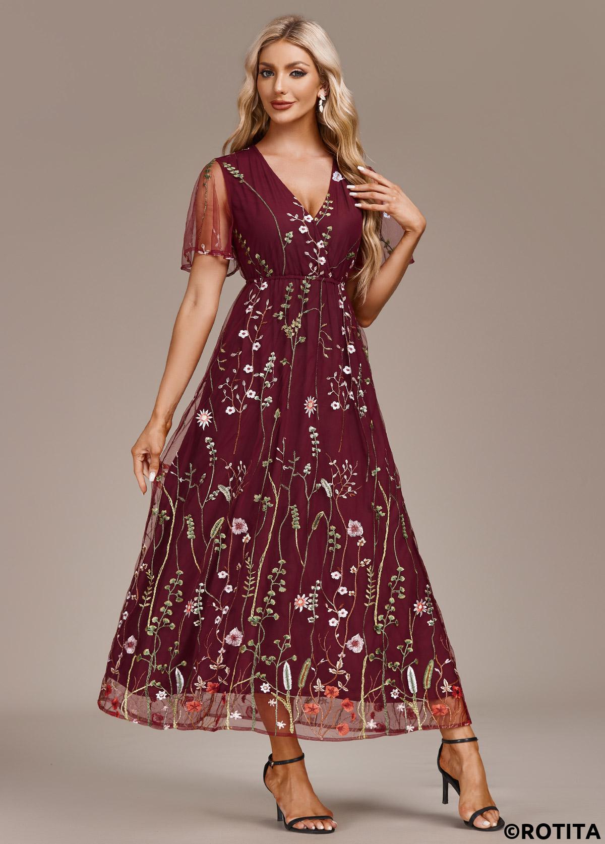 Wine Red dresses,Floral dresses,Party dresses,Elegant dresses,ROTITA Embroidery Wine Red V Neck Short Sleeve Dress