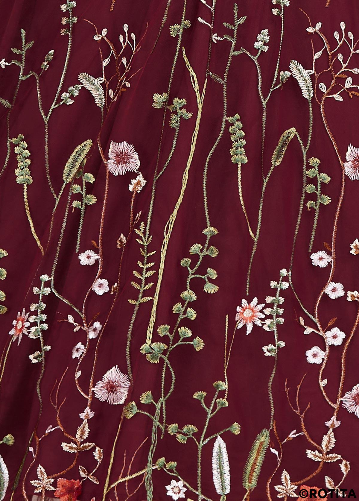 Wine Red dresses,Floral dresses,Party dresses,Elegant dresses,ROTITA Embroidery Wine Red V Neck Short Sleeve Dress