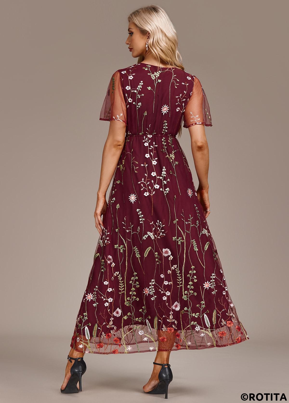 Wine Red dresses,Floral dresses,Party dresses,Elegant dresses,ROTITA Embroidery Wine Red V Neck Short Sleeve Dress