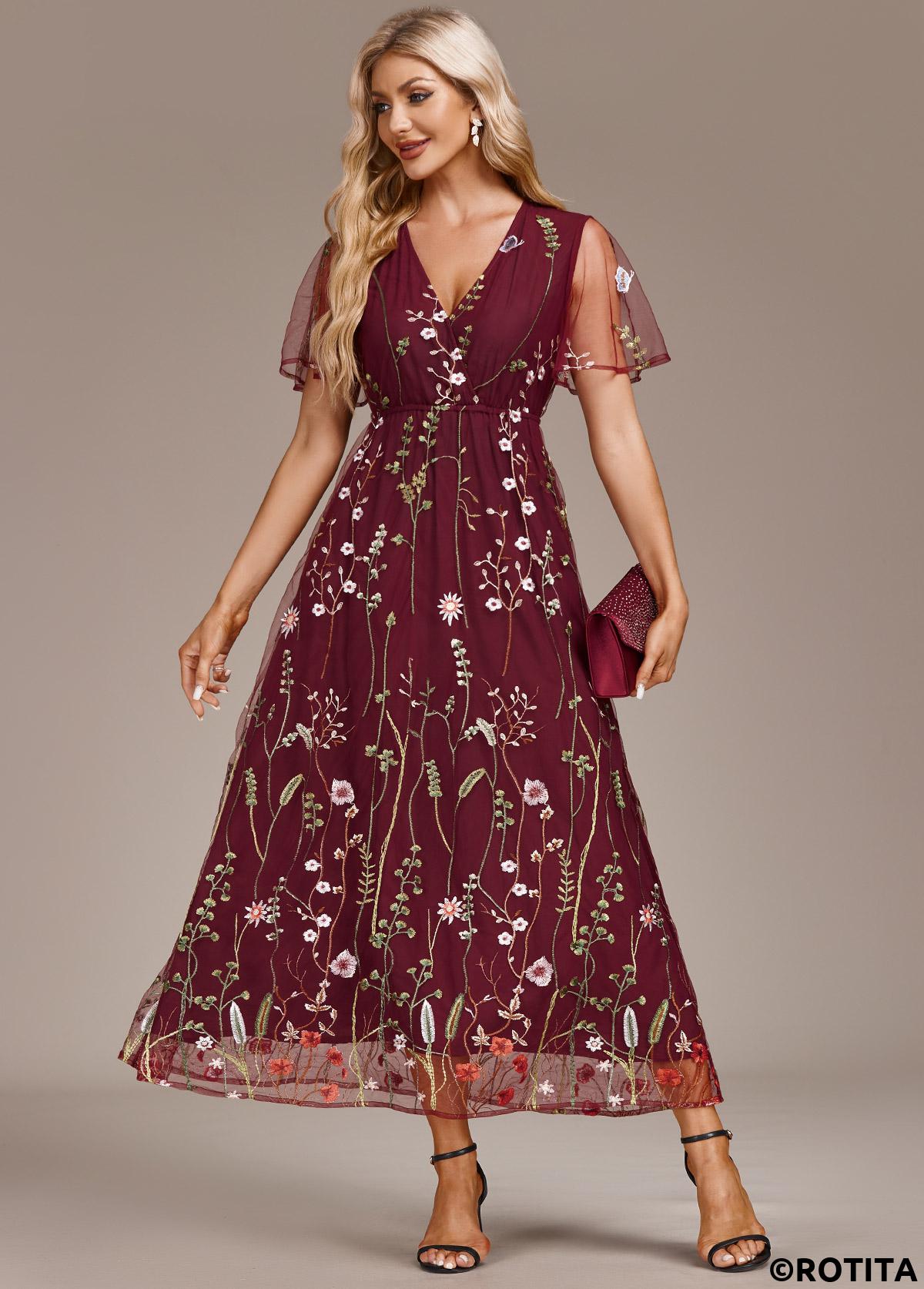 Wine Red dresses,Floral dresses,Party dresses,Elegant dresses,ROTITA Embroidery Wine Red V Neck Short Sleeve Dress