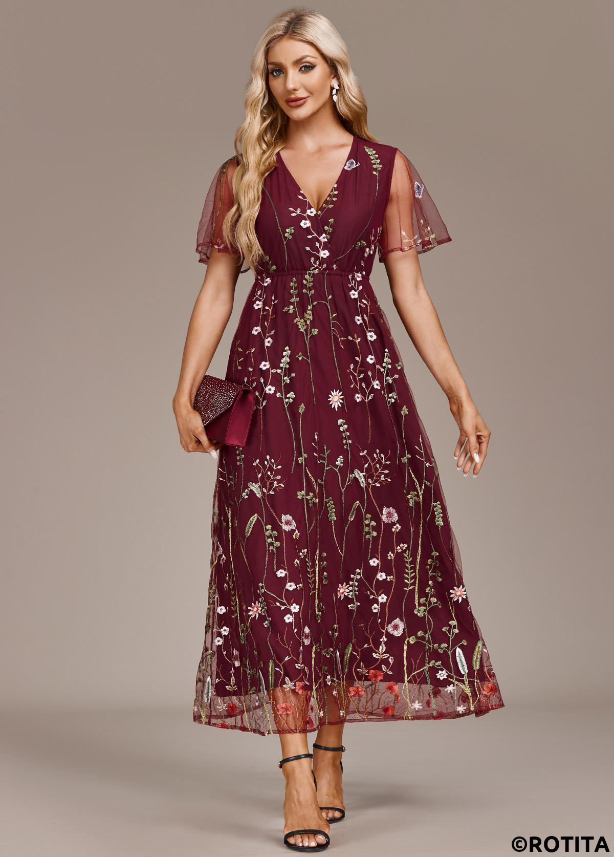 Wine Red dresses,Floral dresses,Party dresses,Elegant dresses,ROTITA Embroidery Wine Red V Neck Short Sleeve Dress