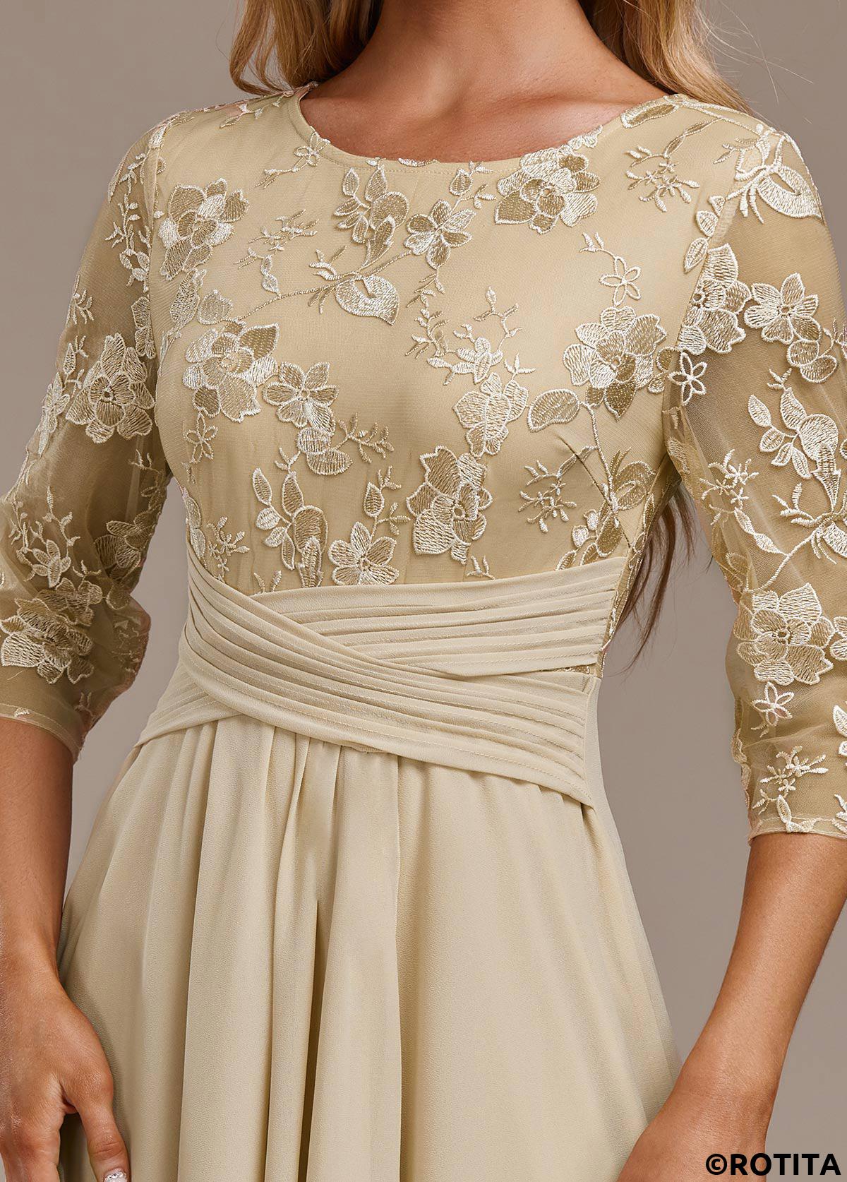 Champagne dresses,Plain Color dresses,Party dresses,Elegant dresses,ROTITA Embroidery Champagne Round Neck 3/4 Sleeve Dress