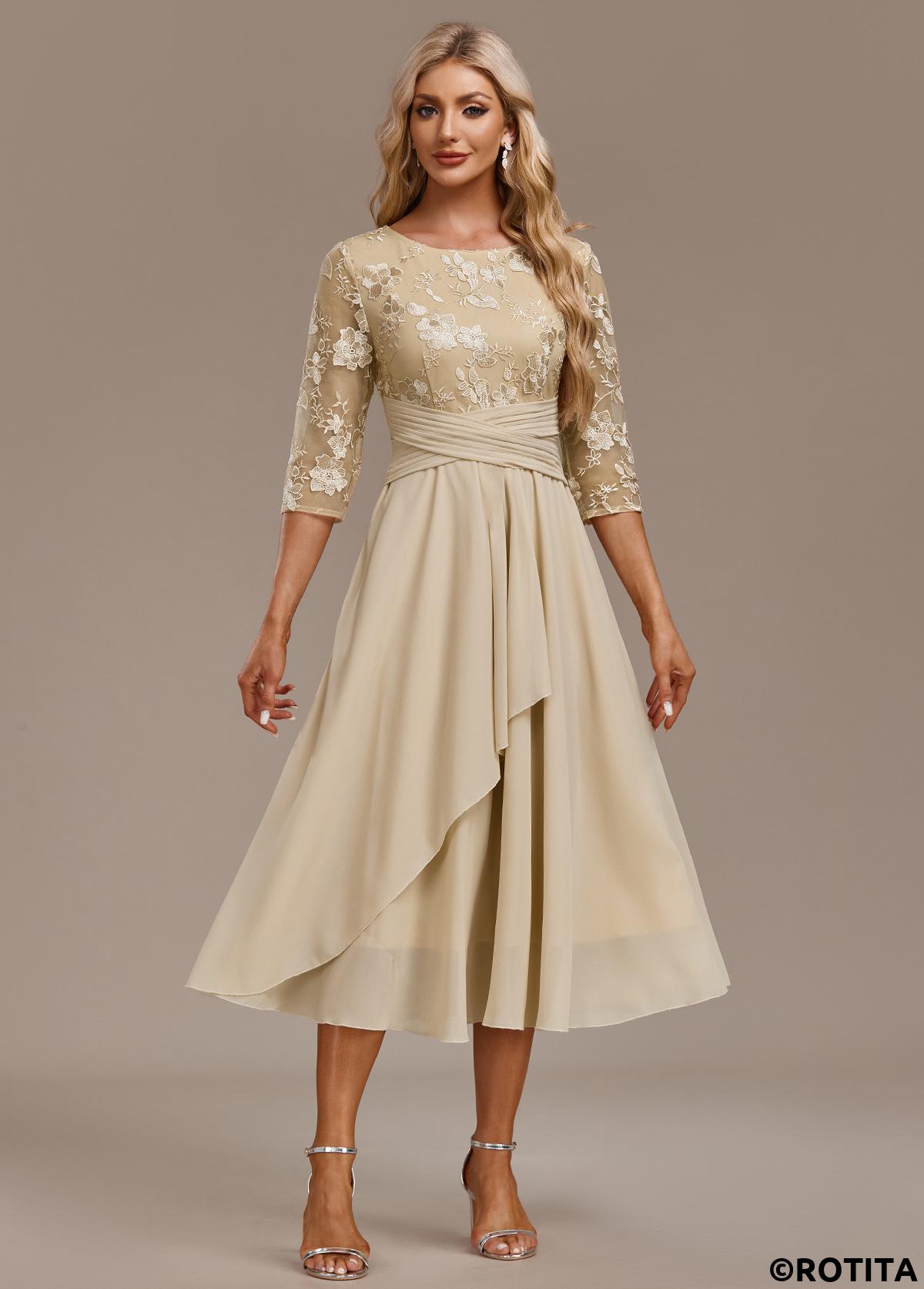 Champagne dresses,Plain Color dresses,Party dresses,Elegant dresses,ROTITA Embroidery Champagne Round Neck 3/4 Sleeve Dress