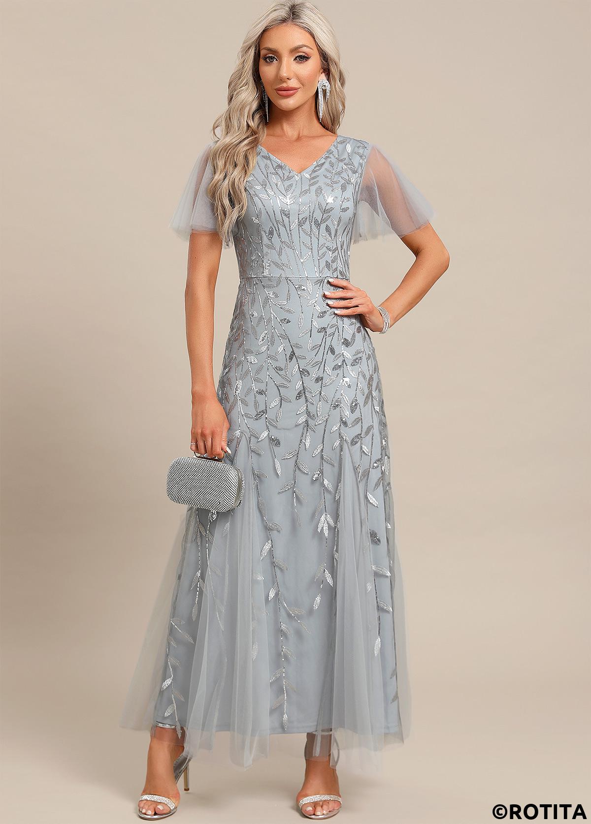 Light Grey dresses,Plain Color dresses,Party dresses,Elegant dresses,ROTITA Embroidery Light Grey Maxi V Neck Short Sleeve Dress