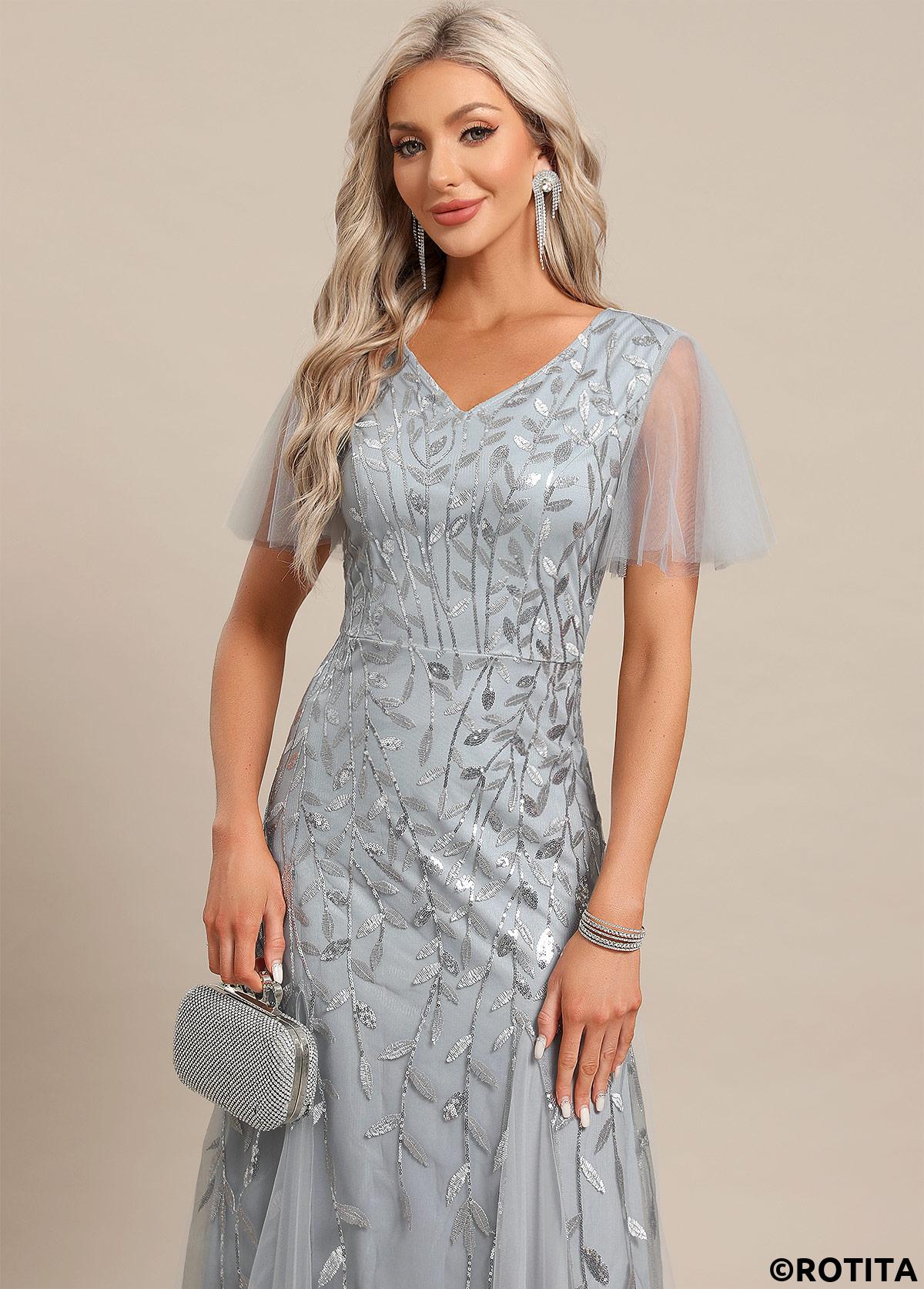 Light Grey dresses,Plain Color dresses,Party dresses,Elegant dresses,ROTITA Embroidery Light Grey Maxi V Neck Short Sleeve Dress