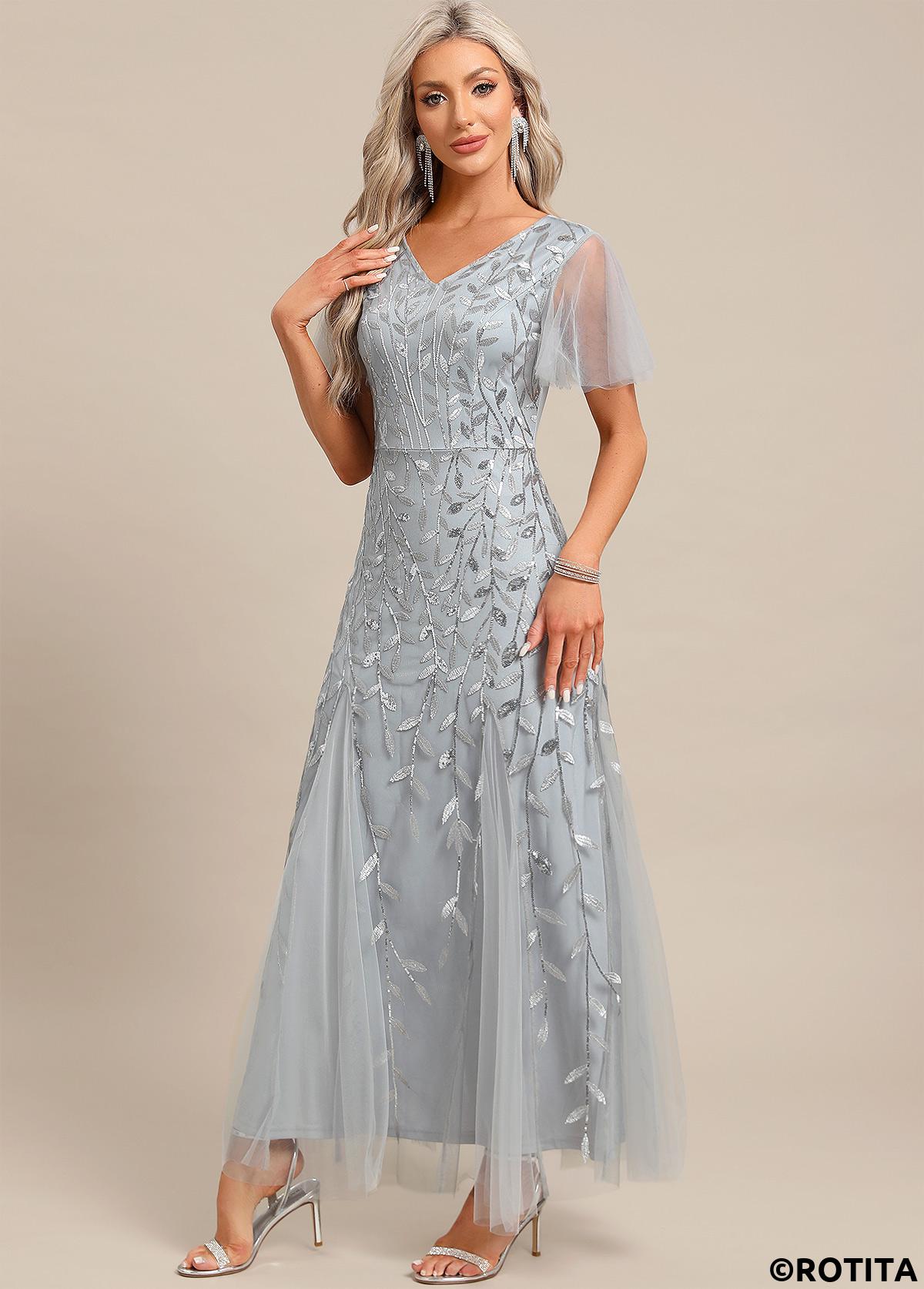 Light Grey dresses,Plain Color dresses,Party dresses,Elegant dresses,ROTITA Embroidery Light Grey Maxi V Neck Short Sleeve Dress