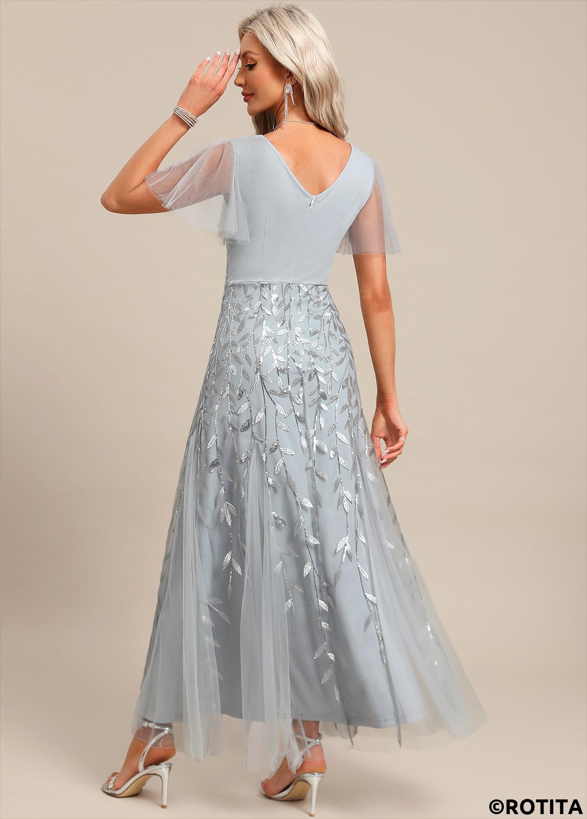 Light Grey dresses,Plain Color dresses,Party dresses,Elegant dresses,ROTITA Embroidery Light Grey Maxi V Neck Short Sleeve Dress