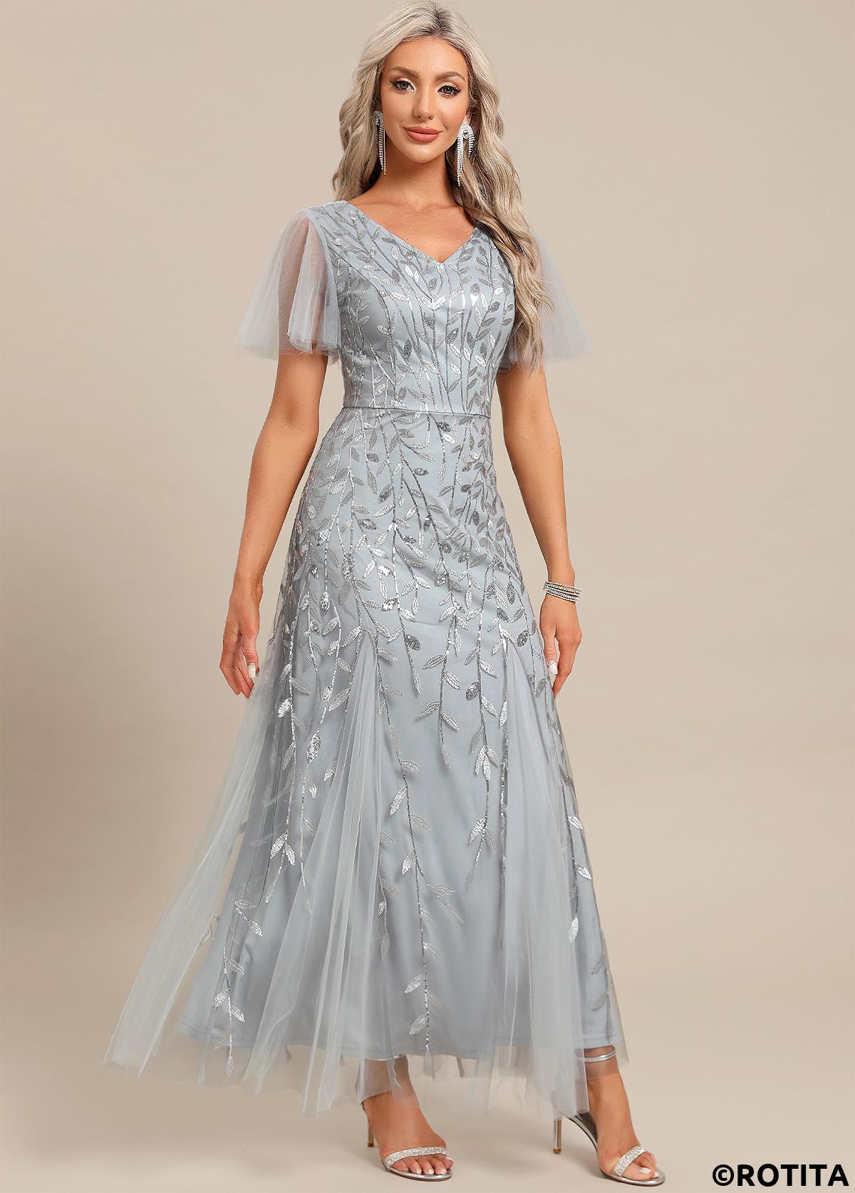 Light Grey dresses,Plain Color dresses,Party dresses,Elegant dresses,ROTITA Embroidery Light Grey Maxi V Neck Short Sleeve Dress